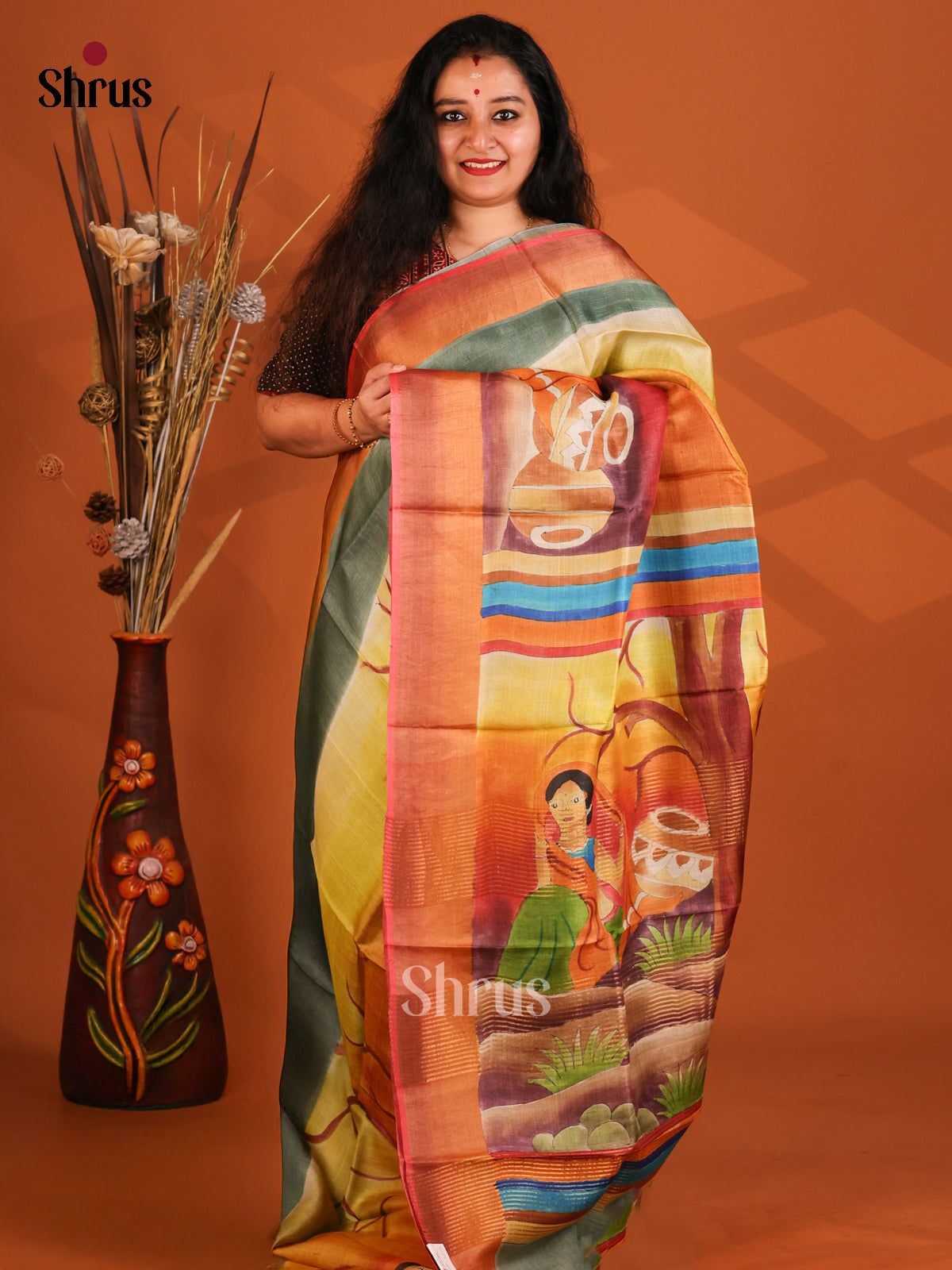 Grey & Red- Tussar Saree