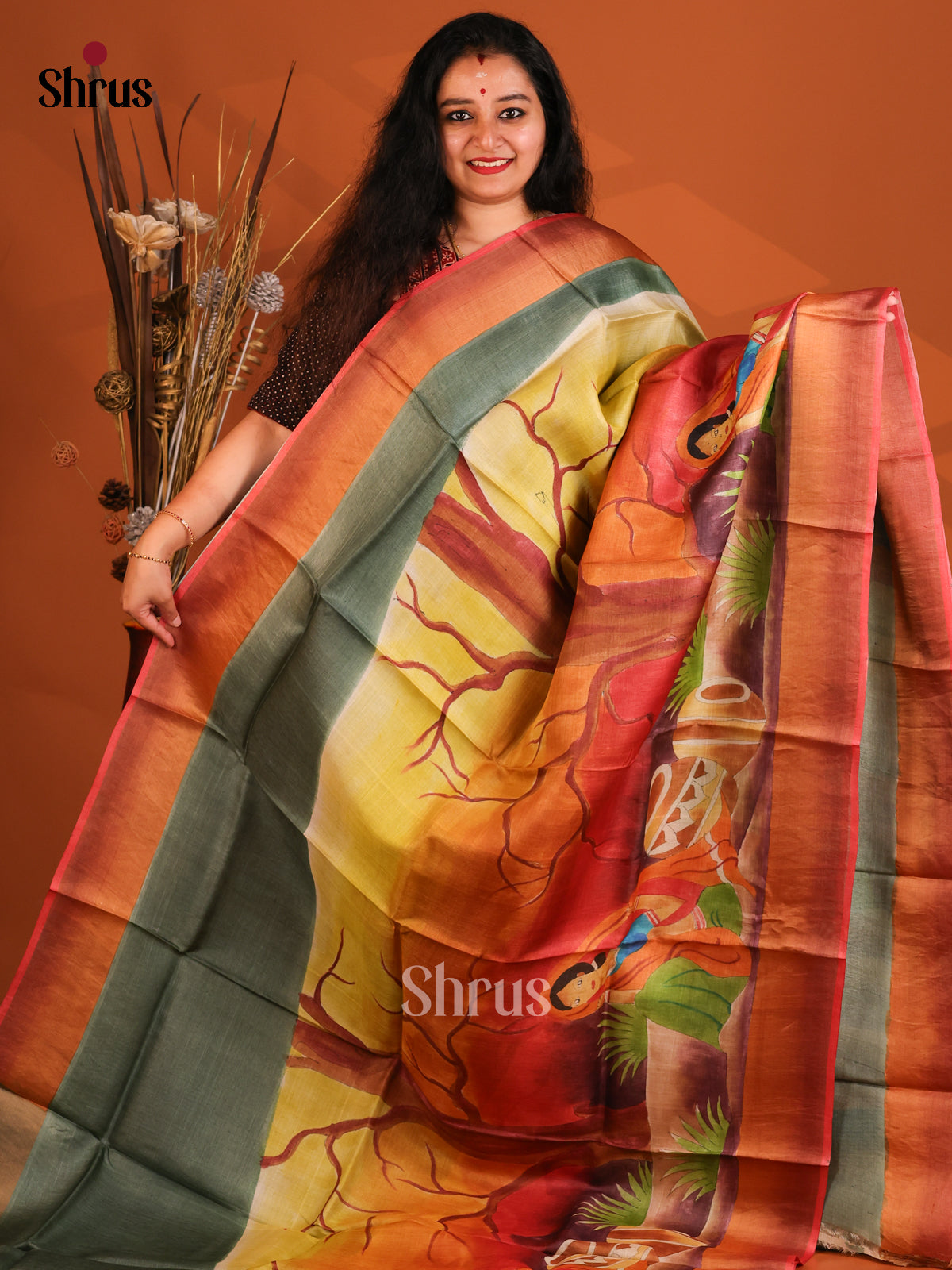 Grey & Red- Tussar Saree-1