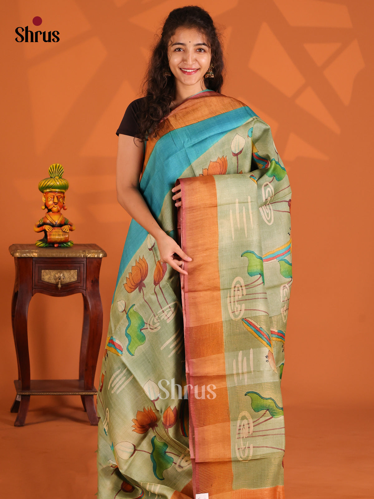 Blue & Grey Green - Tussar Saree