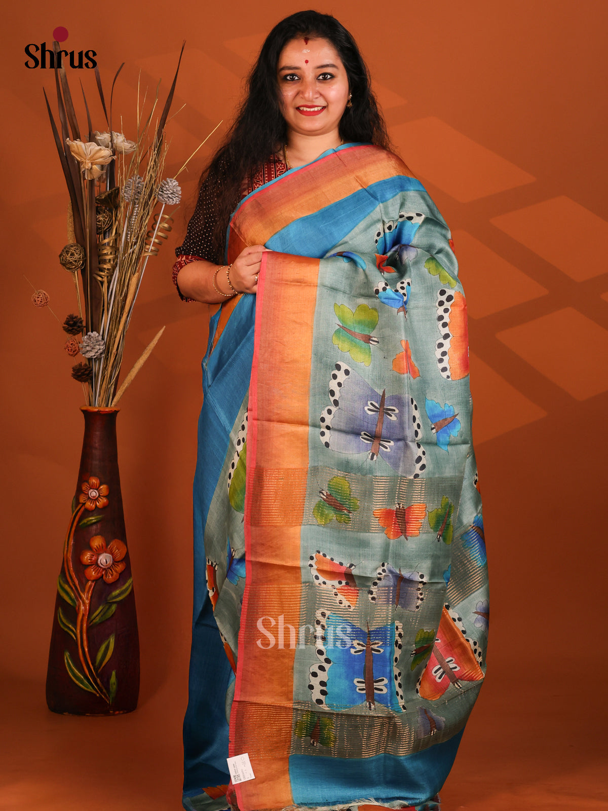 Blue & Red - Tussar Saree