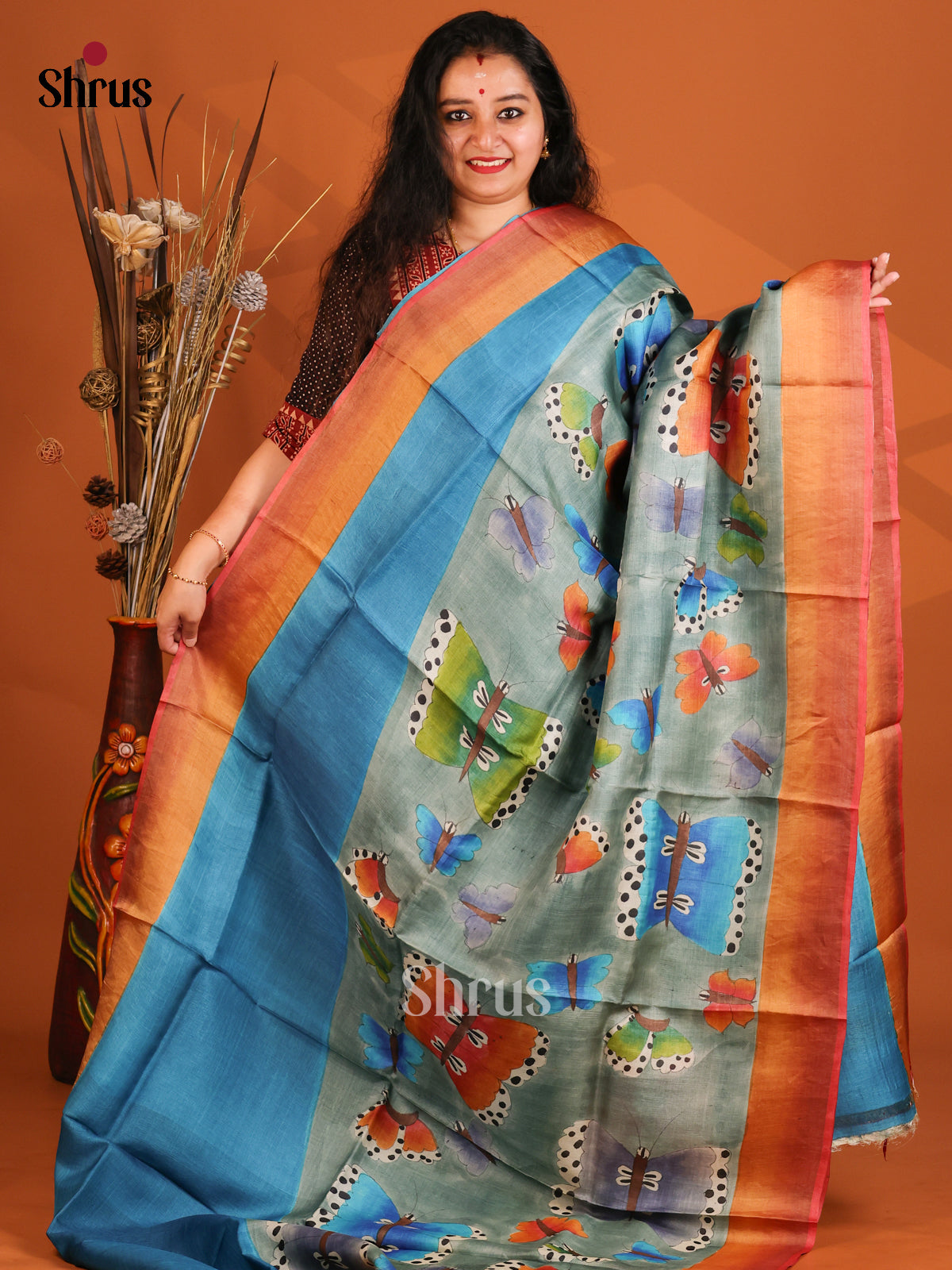 Blue & Red - Tussar Saree-1