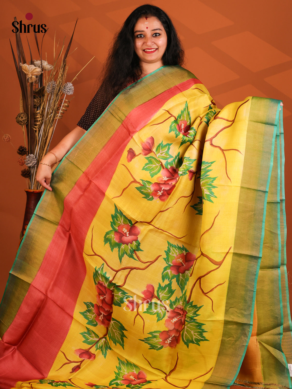 Red & Yellow - Tussar Saree - Shop on Shrus.com