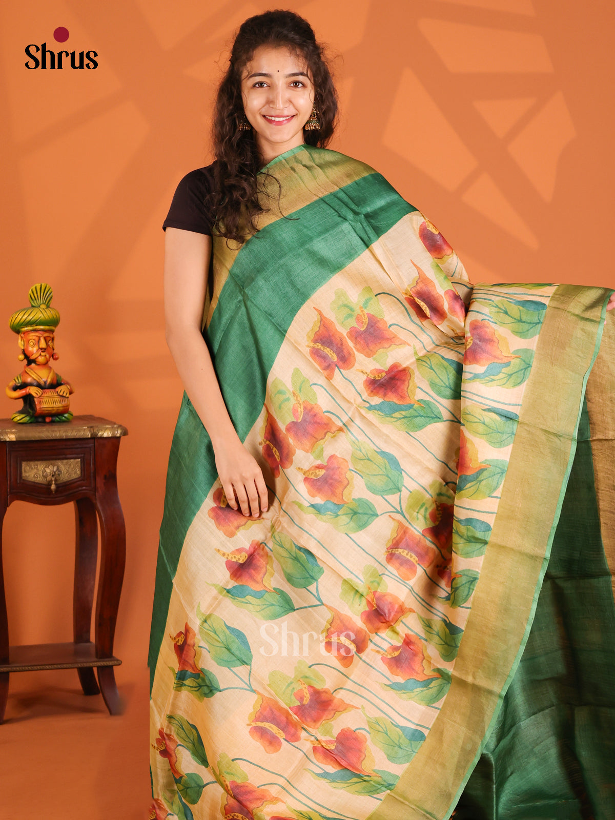 Green & Cream- Tussar Saree - Shop on Shrus.com