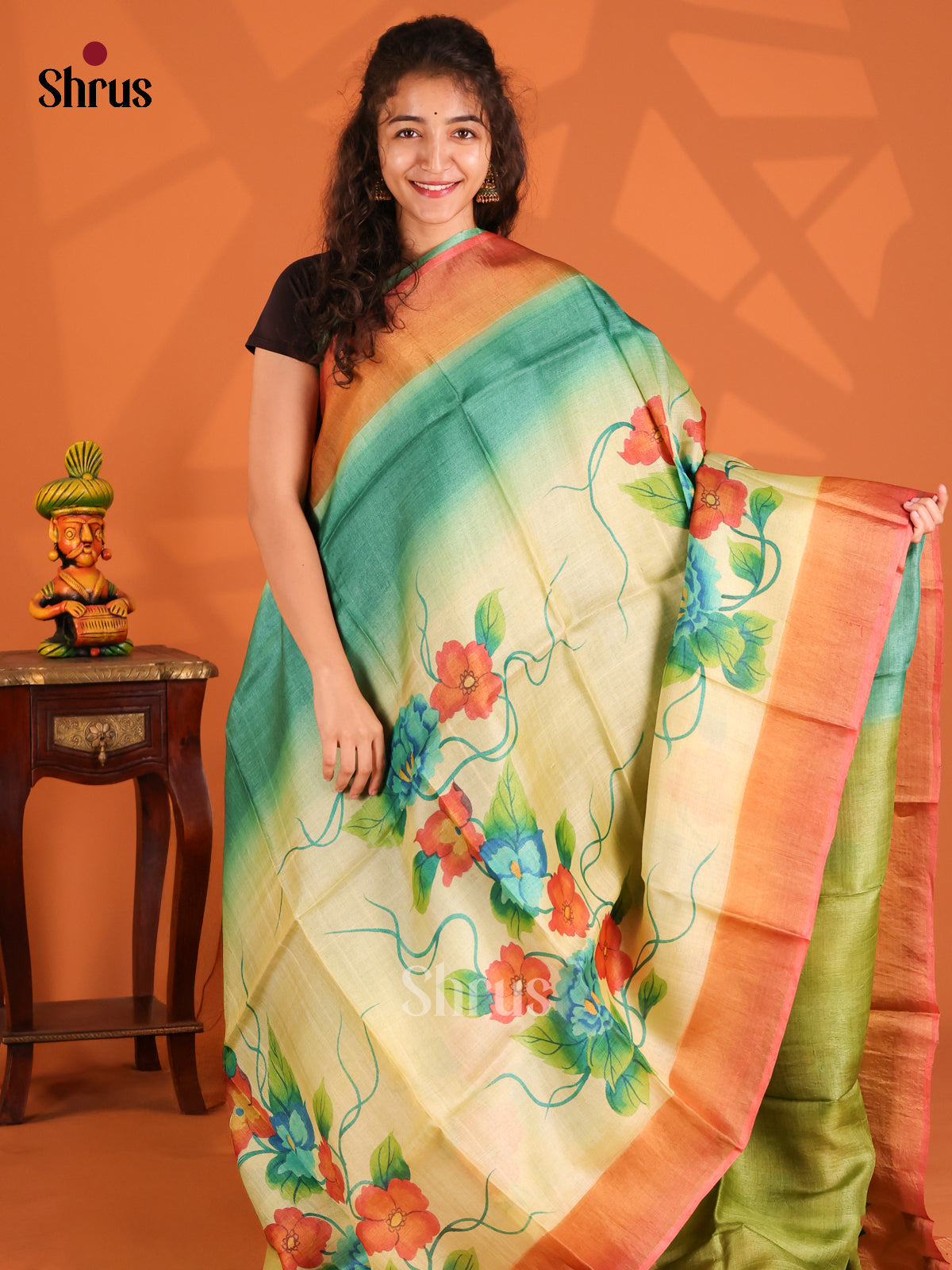 Green & Cream - Tussar Saree-1