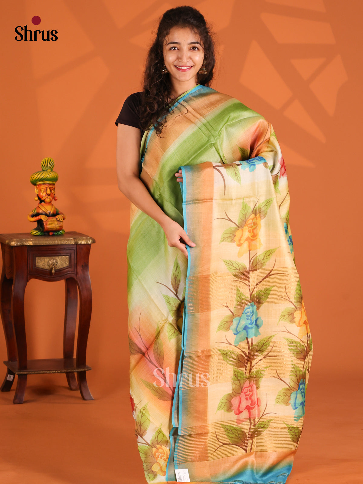 Light Green & Peach- Tussar Saree