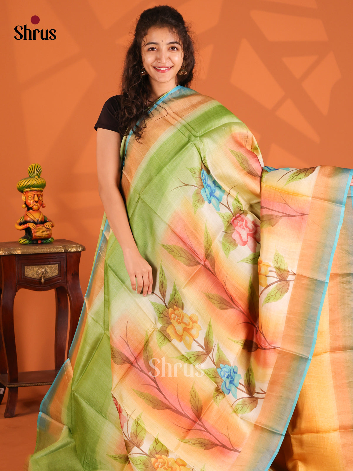 Light Green & Peach- Tussar Saree-1