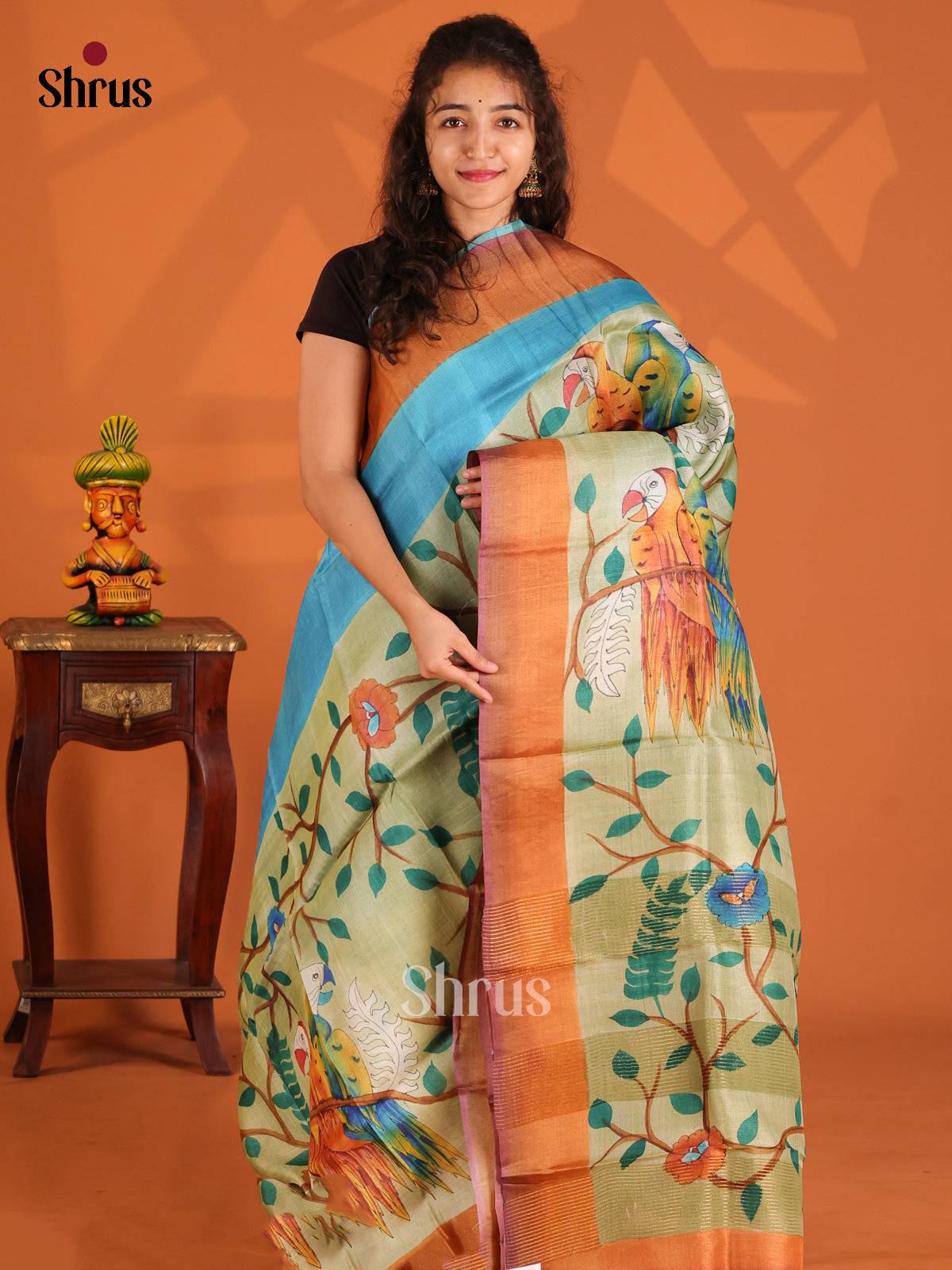 Blue & Grey Green - Tussar Saree