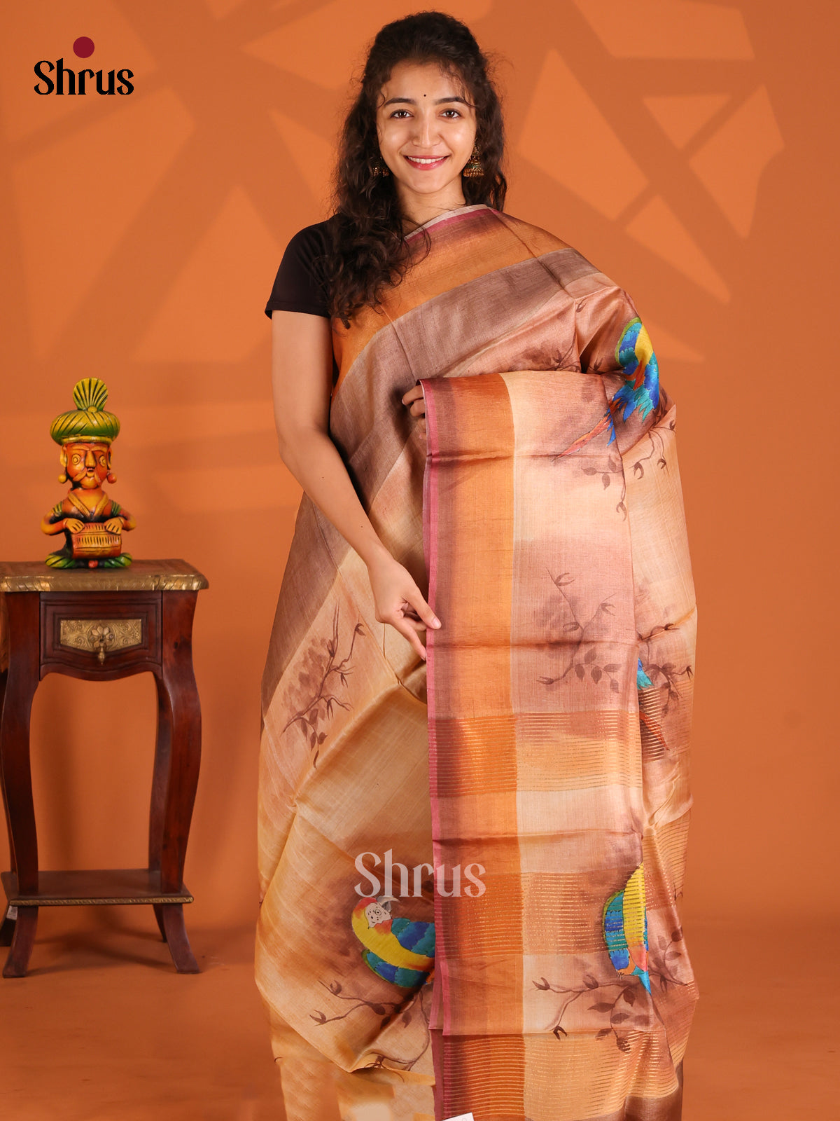 Brown & Peach- Tussar Saree - Shop on Shrus.com