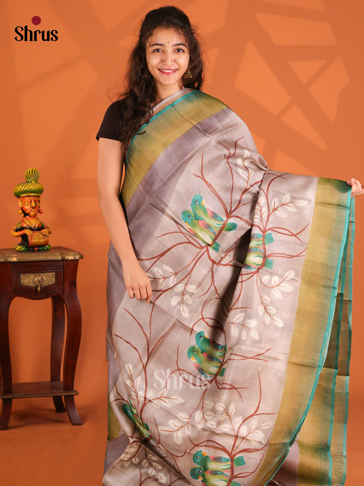 Dusty Brown & Grey - Tussar Saree - Shop on Shrus.com