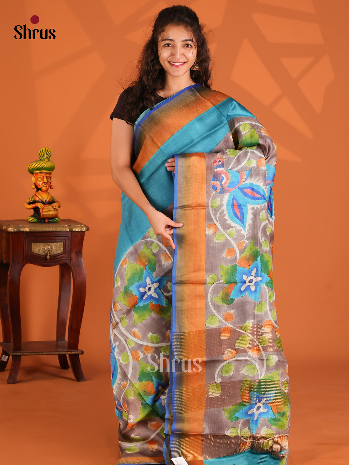 Blue & Grey- Tussar Saree - Shop on Shrus.com