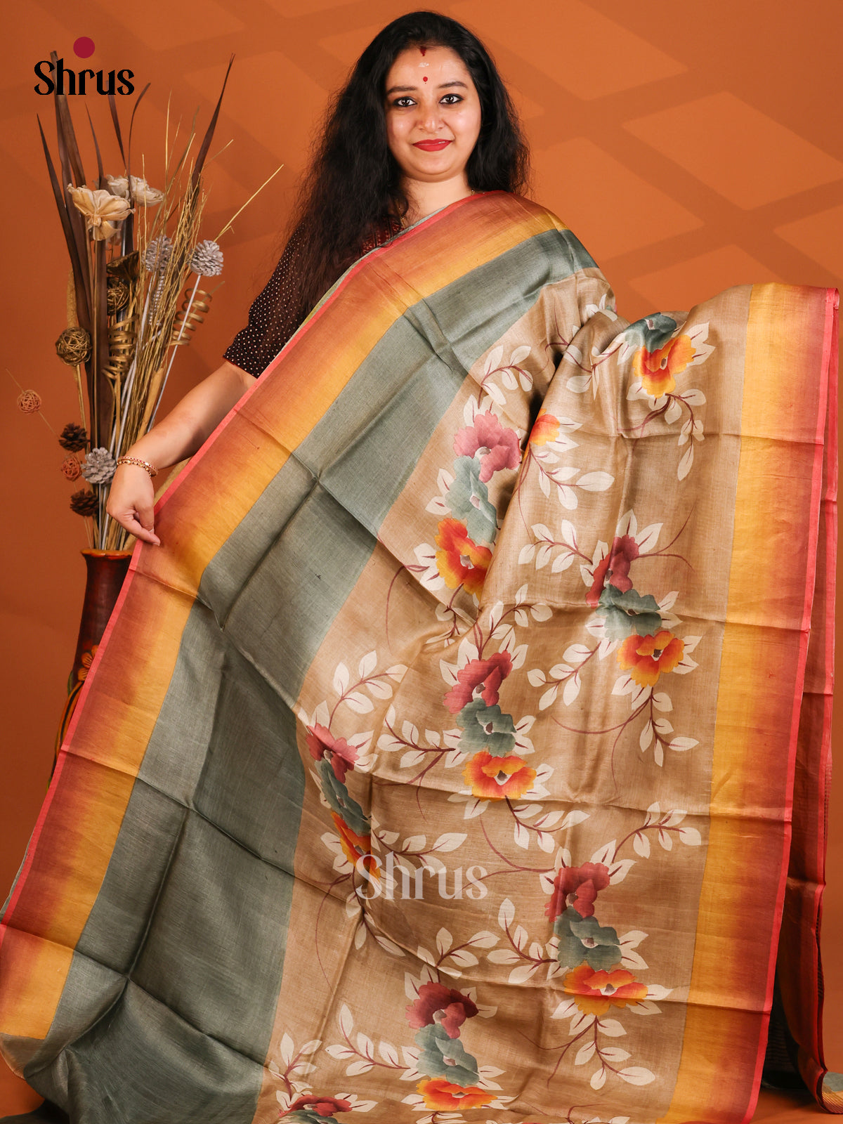 Grey & Brown - Tussar Saree-1