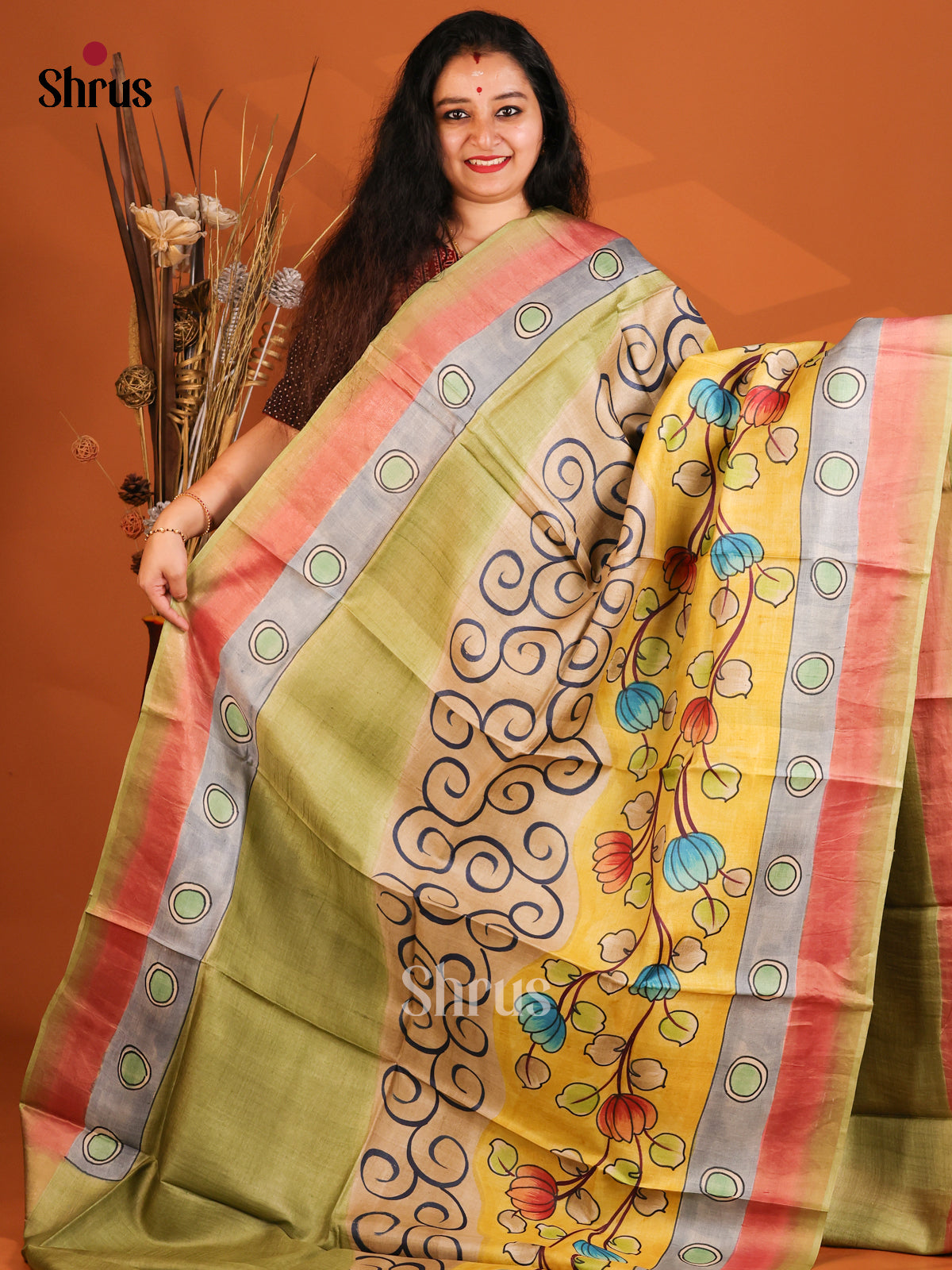Green & Yellow - Tussar Saree - Shop on Shrus.com