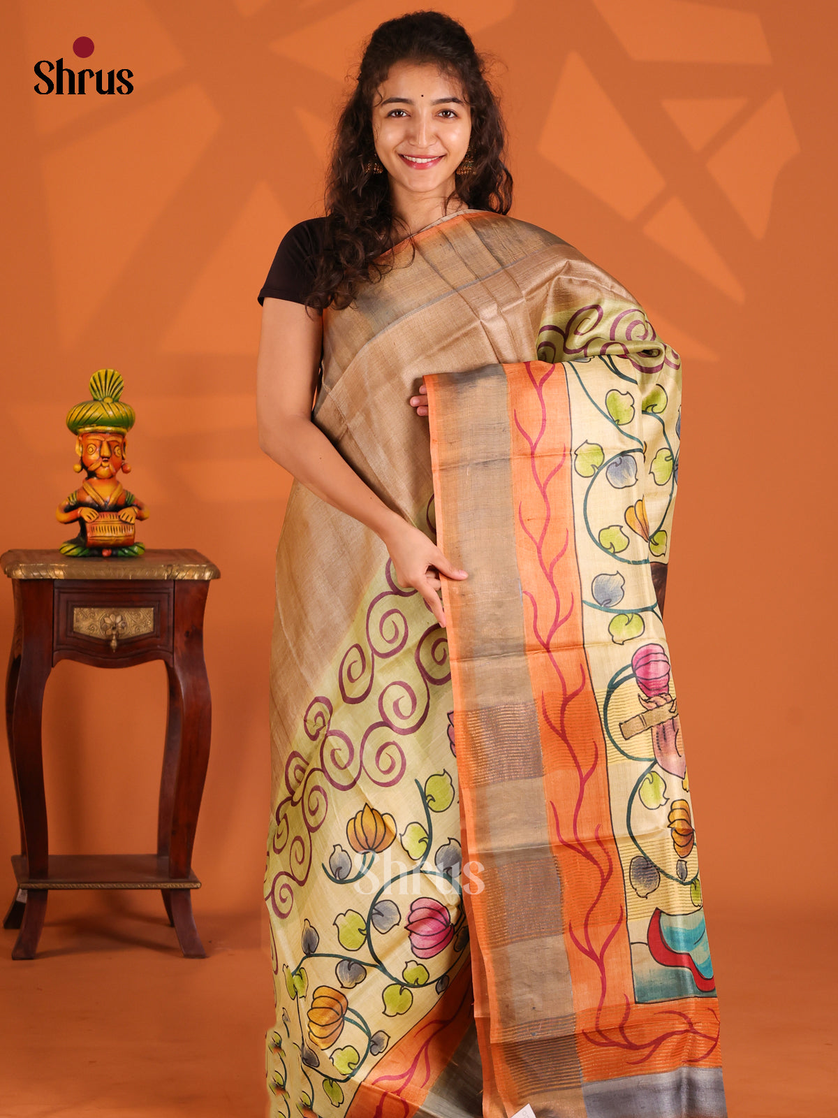 Brown & Light Green- Tussar Saree