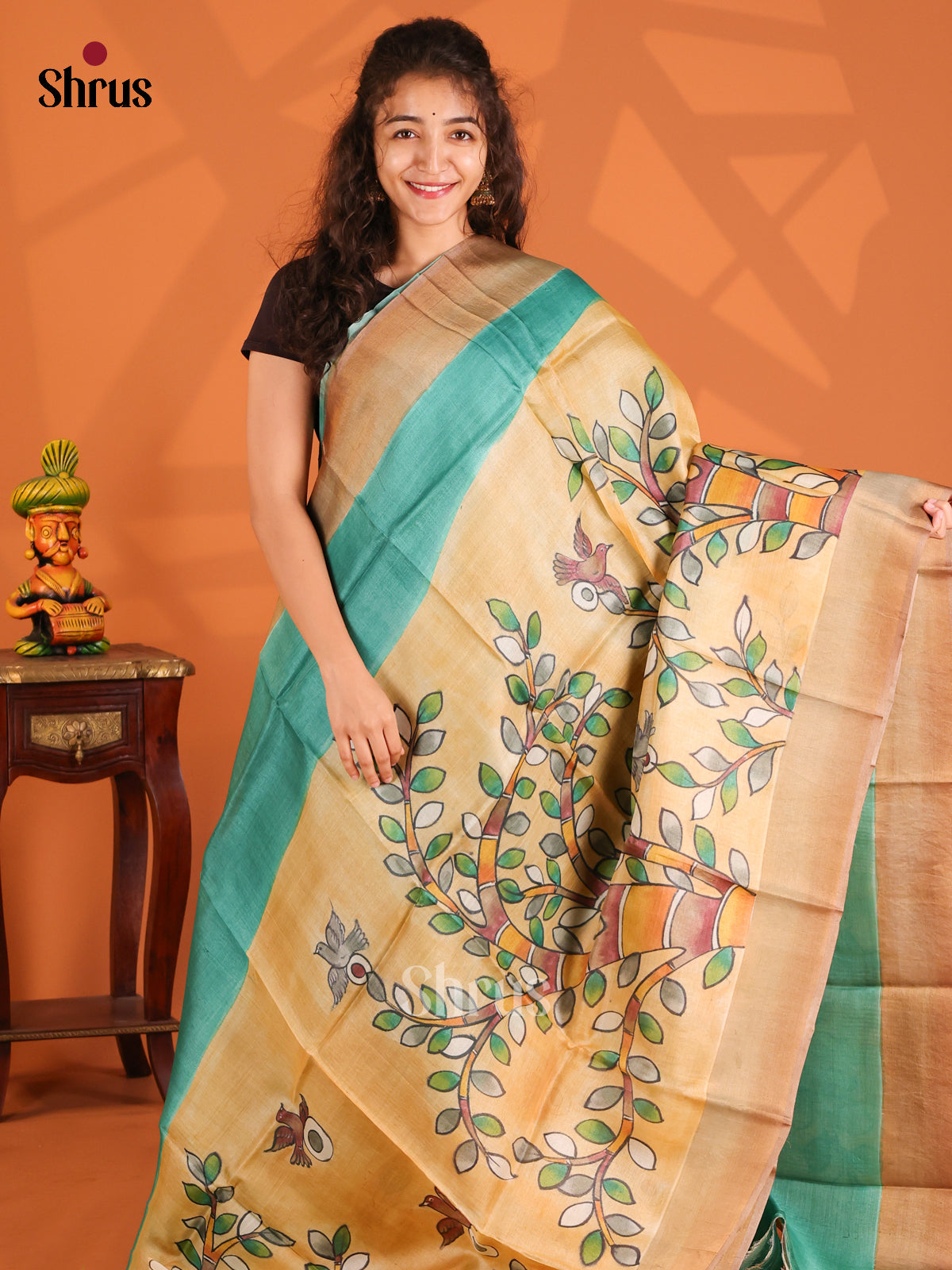 Teal & Peach- Tussar Saree - Shop on Shrus.com