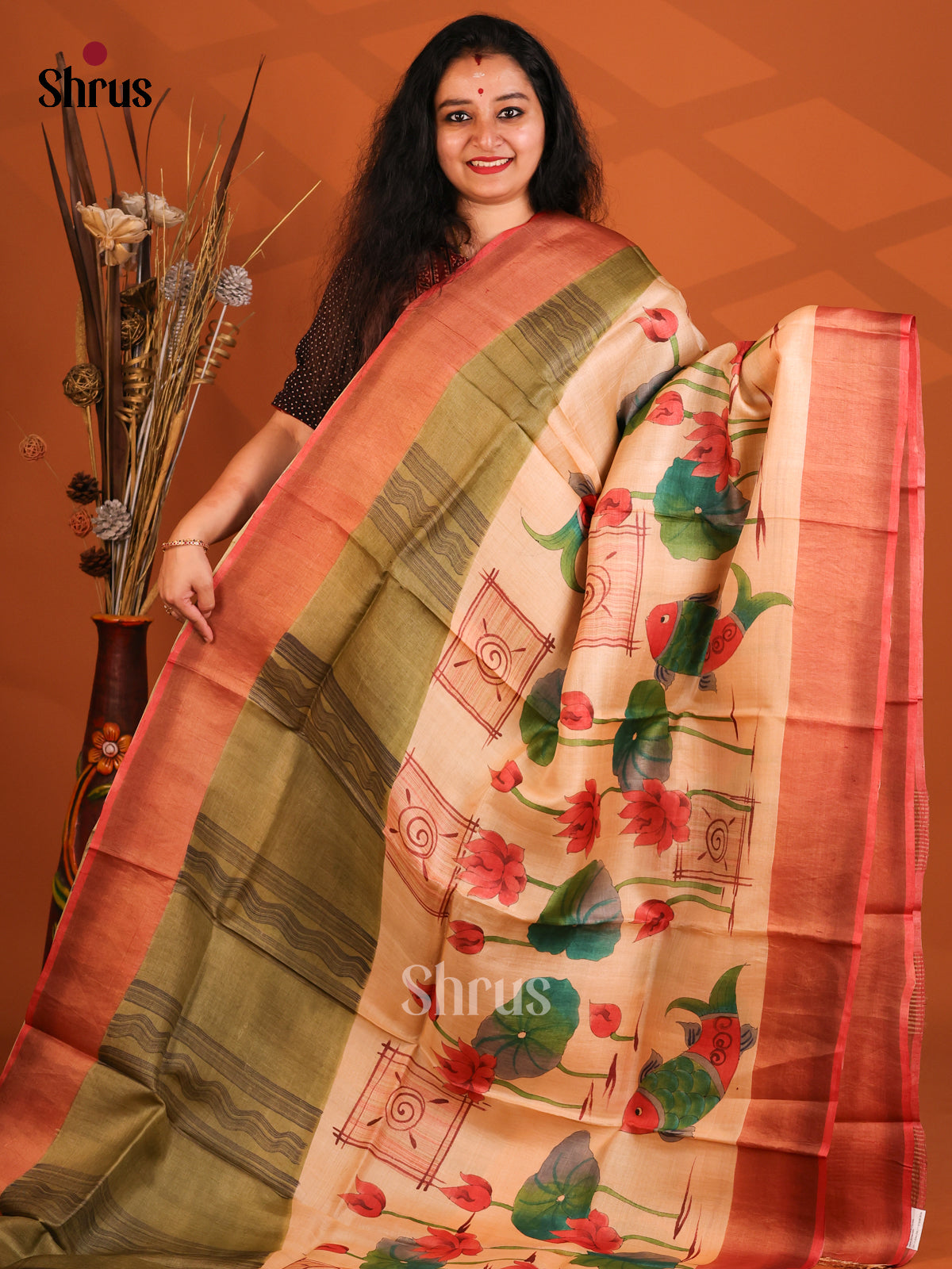 Green & Cream- Tussar Saree - Shop on Shrus.com