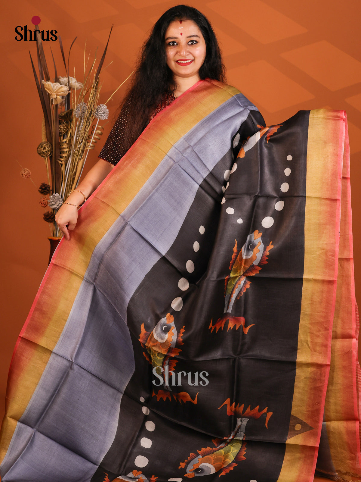 Grey & Black- Tussar Saree - Shop on Shrus.com