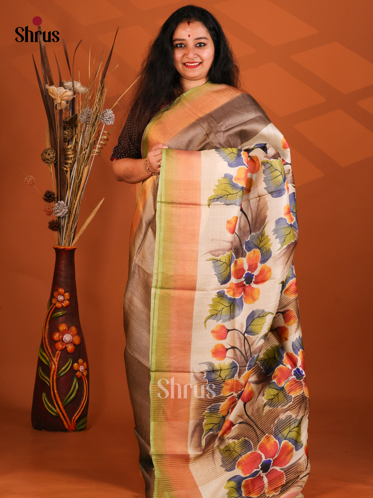 Grey & Green - Tussar Saree - Shop on Shrus.com