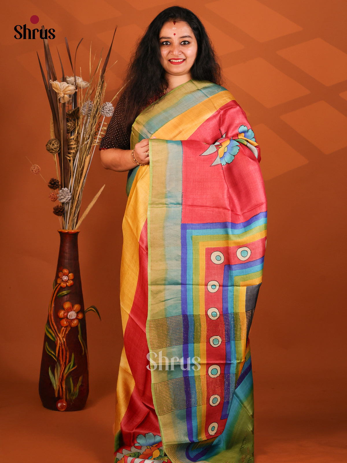 designed Mustard & Red - Tussar Saree