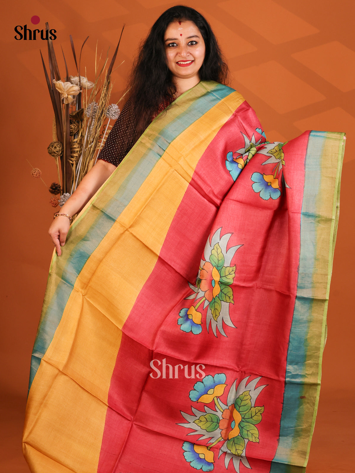 designed Mustard & Red - Tussar Saree-1