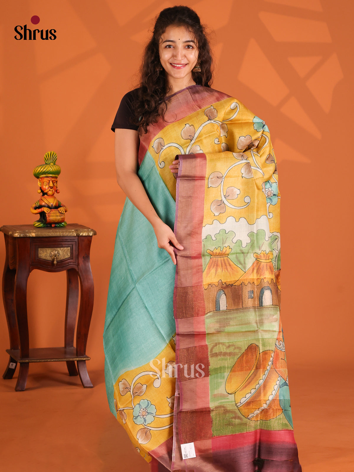 Teal & Mustard - Tussar Saree - Shop on Shrus.com