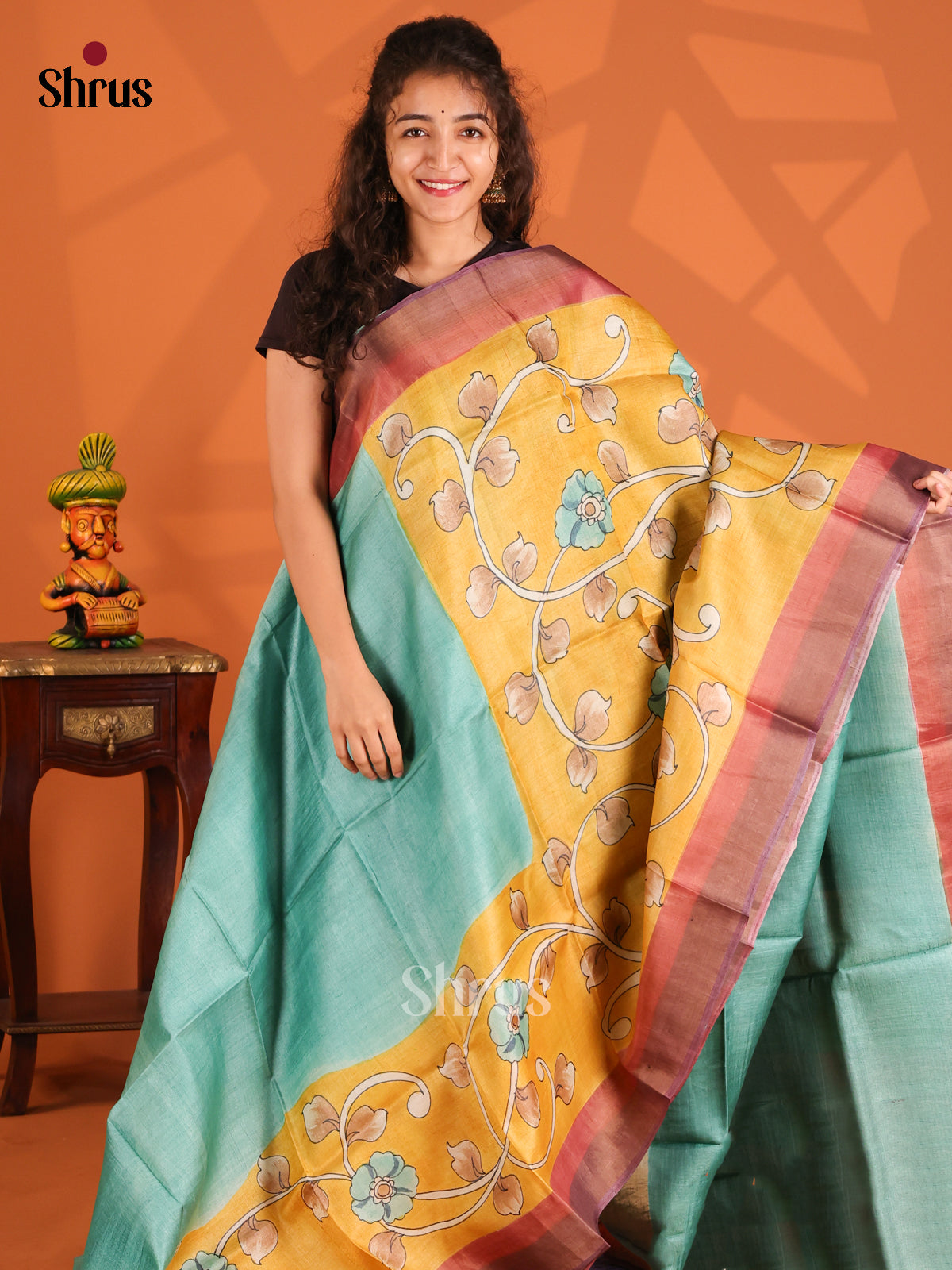Teal & Mustard - Tussar Saree - Shop on Shrus.com