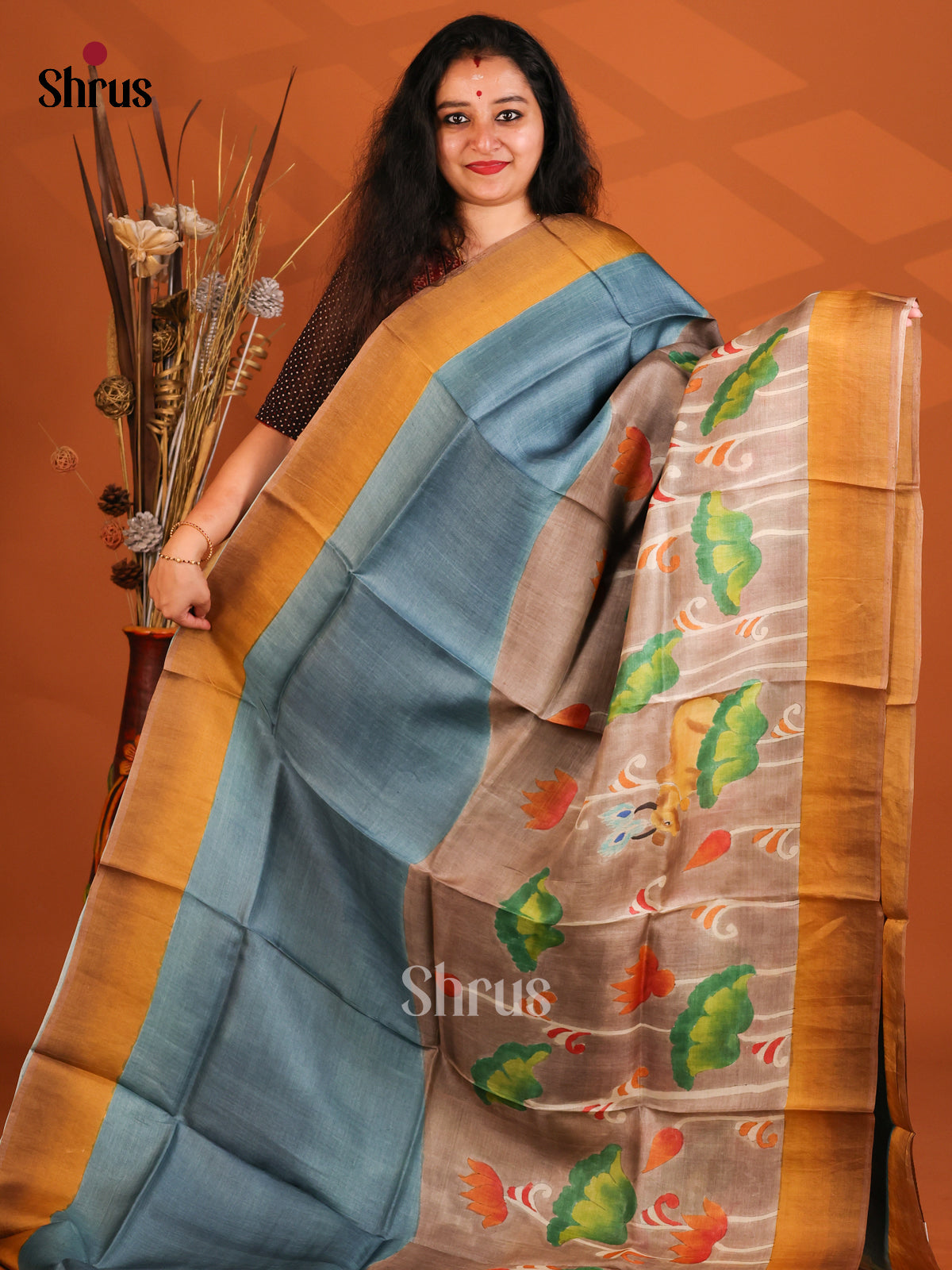 Grey & Brown - Tussar Saree-1