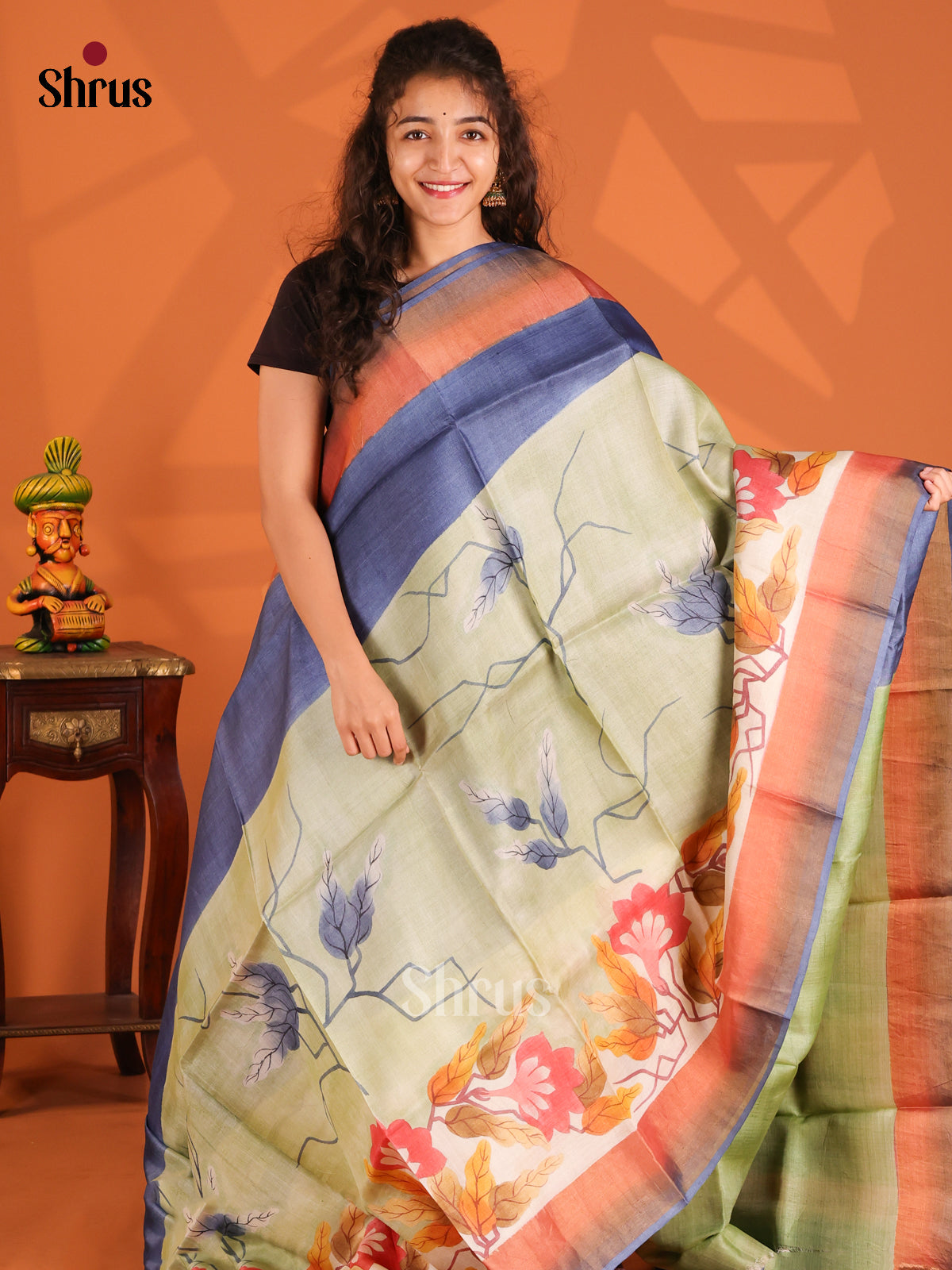 Blue & Light Green- Tussar Saree - Shop on Shrus.com