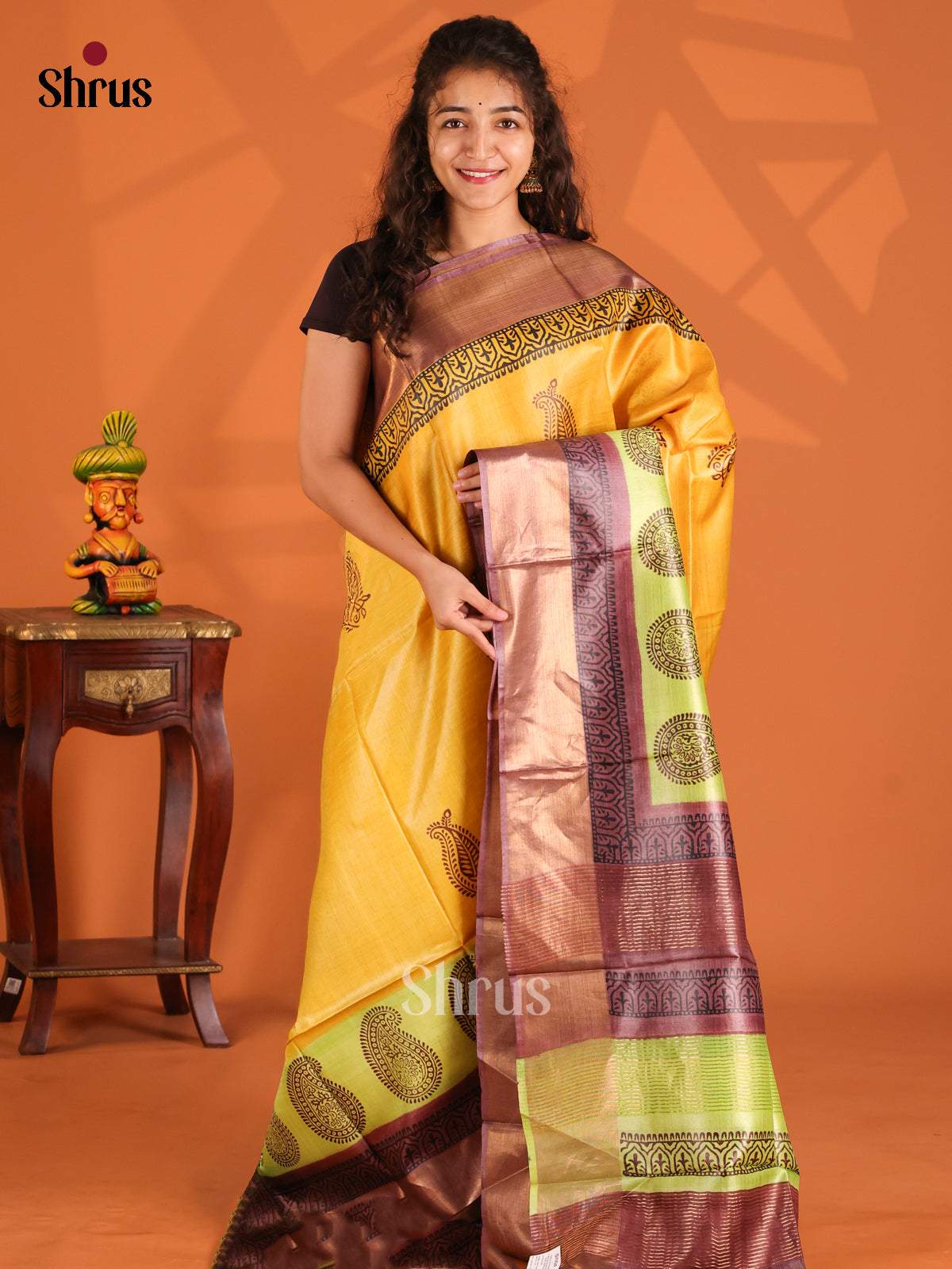 Yellow & Brown - Tussar Saree - Shop on Shrus.com
