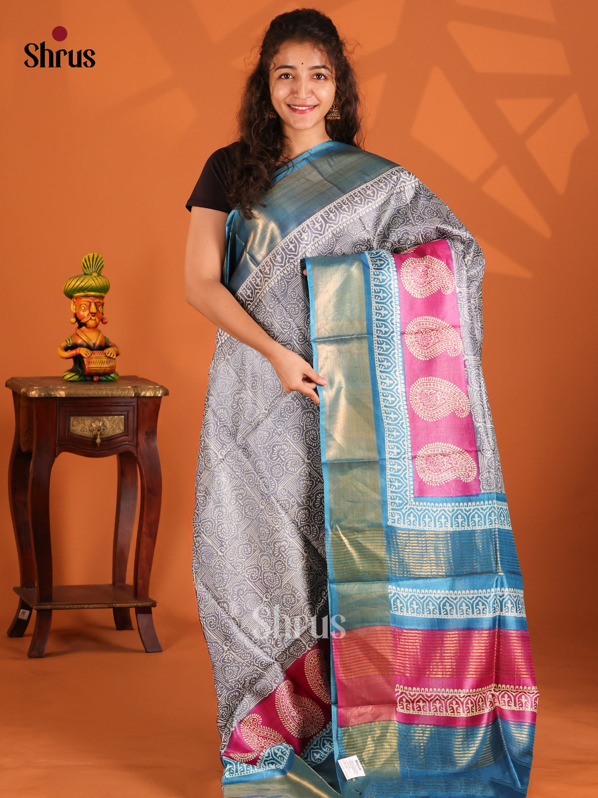 Cream & Blue - Tussar Saree - Shop on Shrus.com