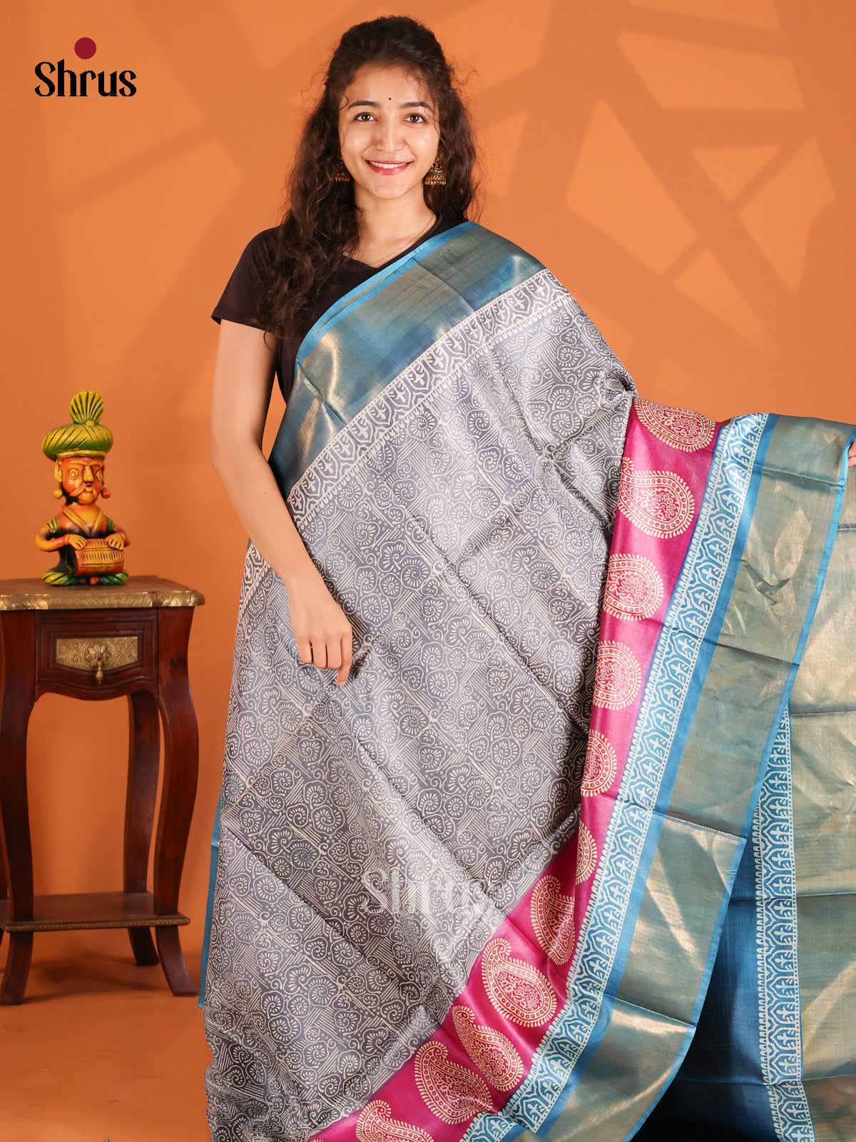 Cream & Blue - Tussar Saree - Shop on Shrus.com