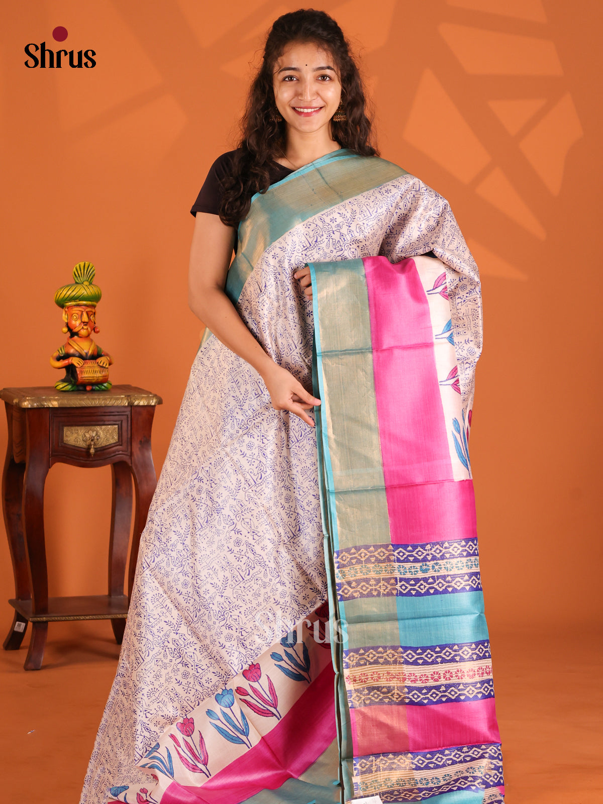 Cream & Pink - Tussar Saree - Shop on Shrus.com