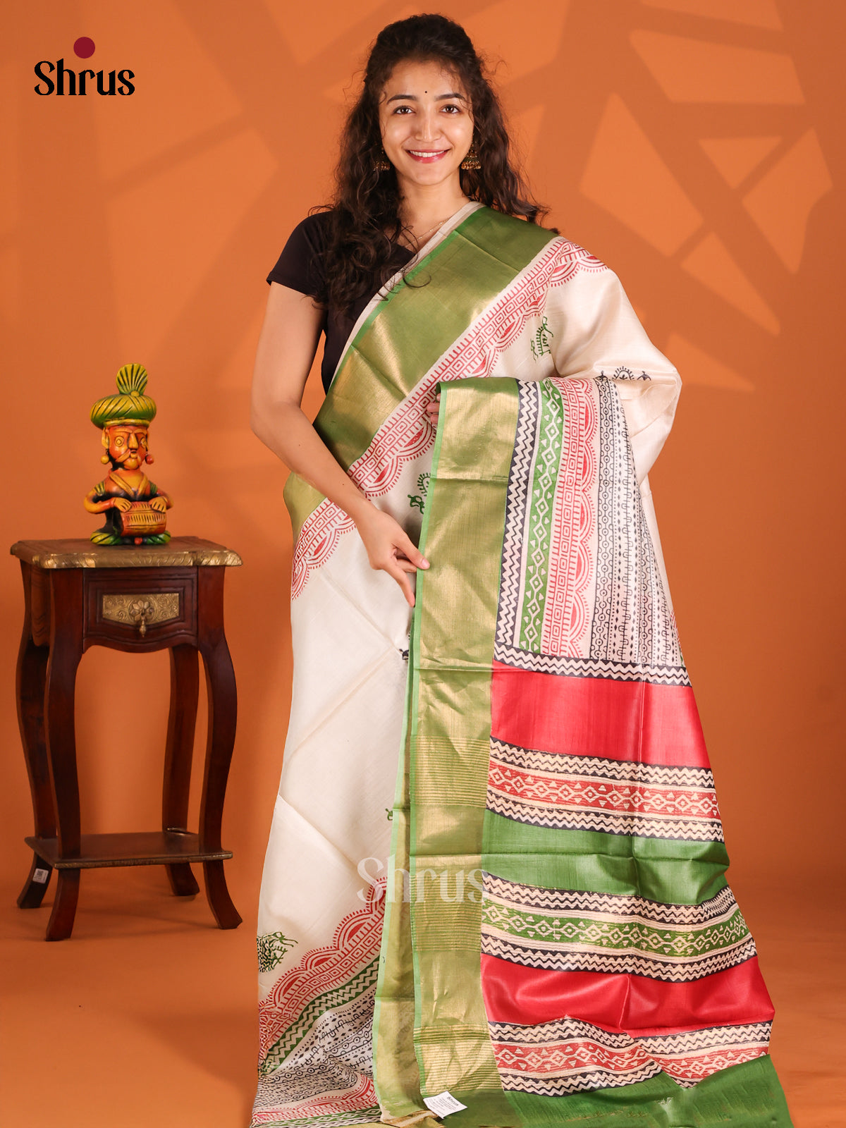 Cream & Green- Tussar Saree - Shop on Shrus.com