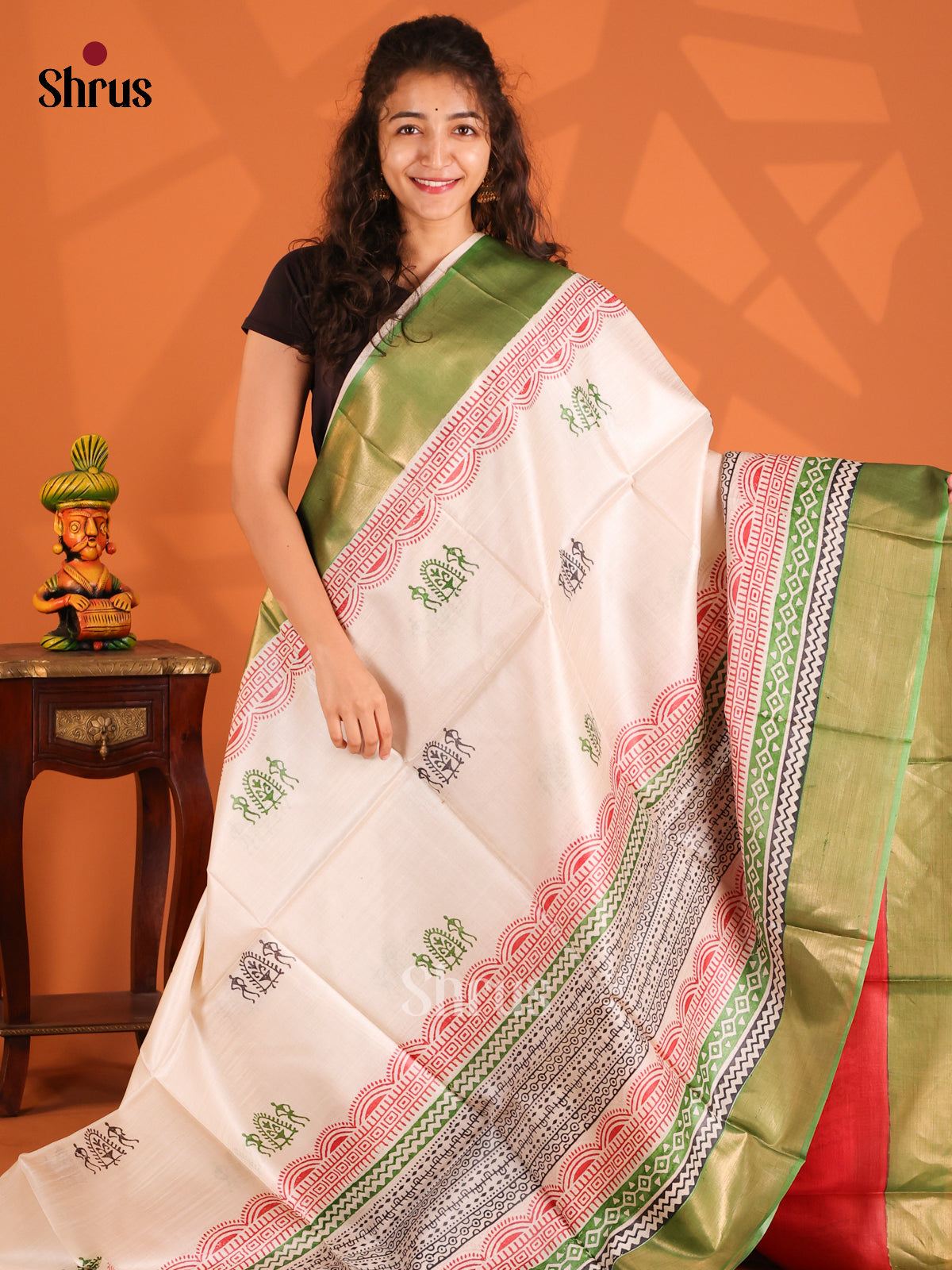 Cream & Green- Tussar Saree - Shop on Shrus.com