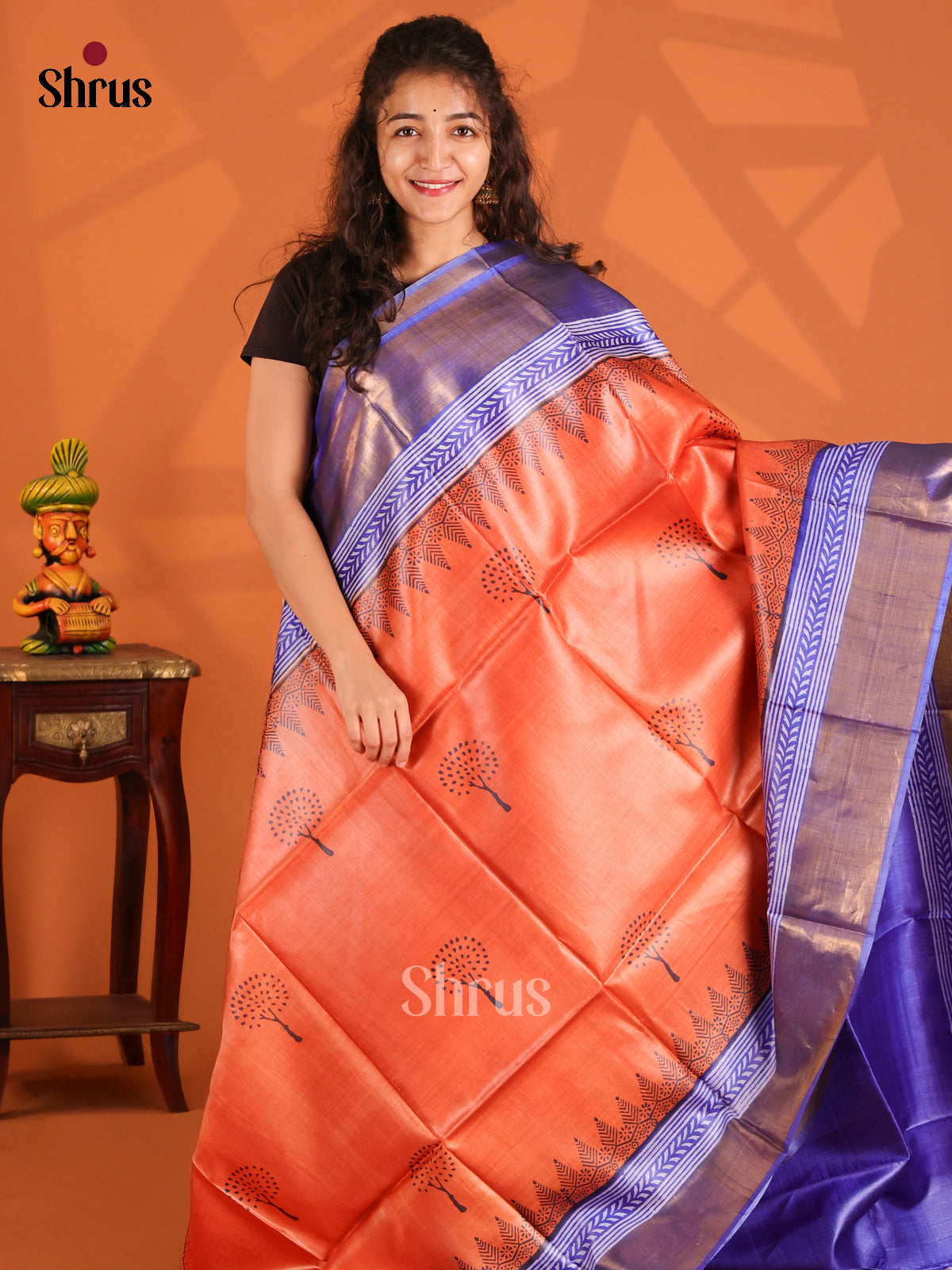 Orange & Blue- Tussar Saree - Shop on Shrus.com