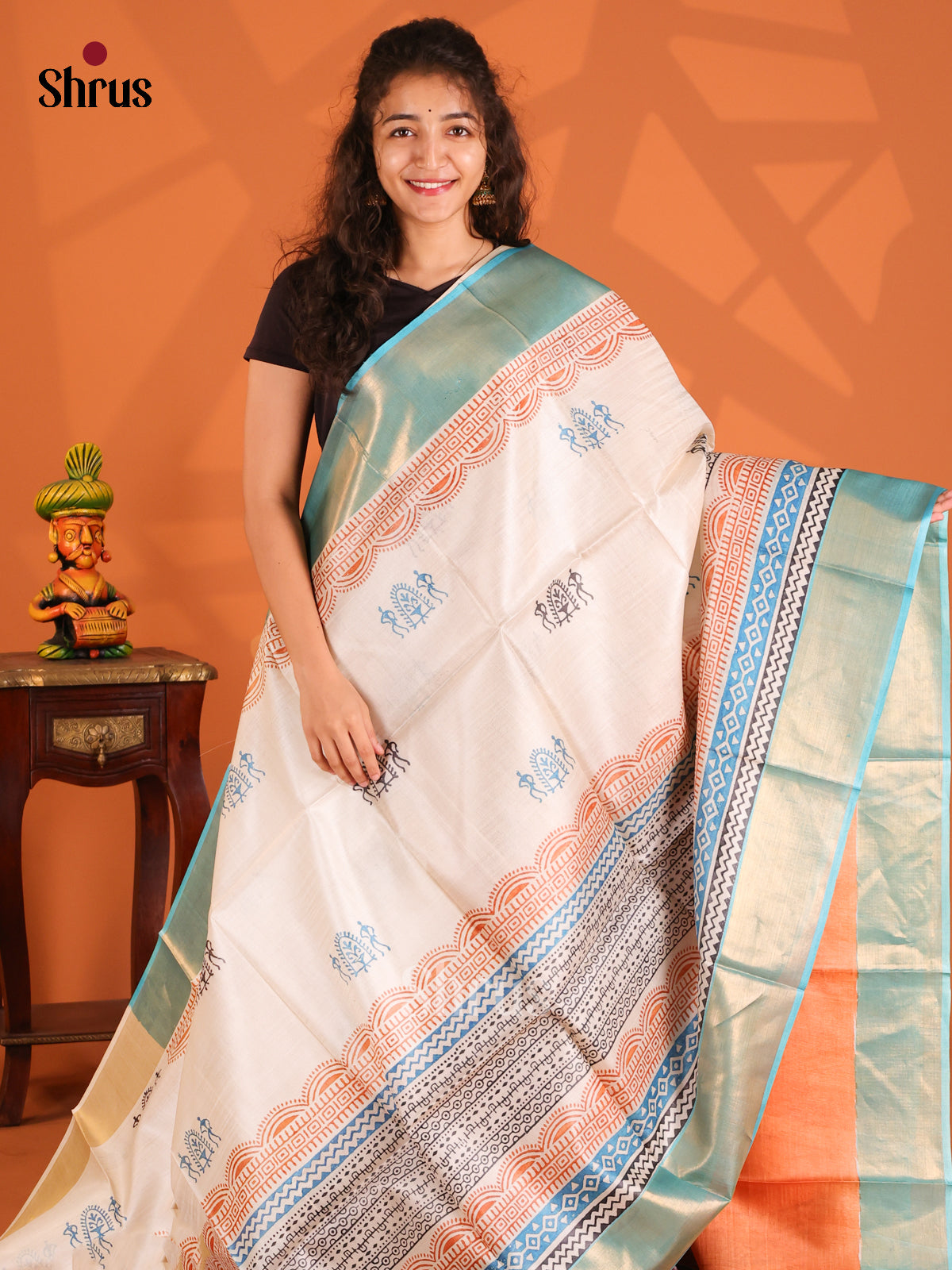 Cream & Blue - Tussar Saree - Shop on Shrus.com
