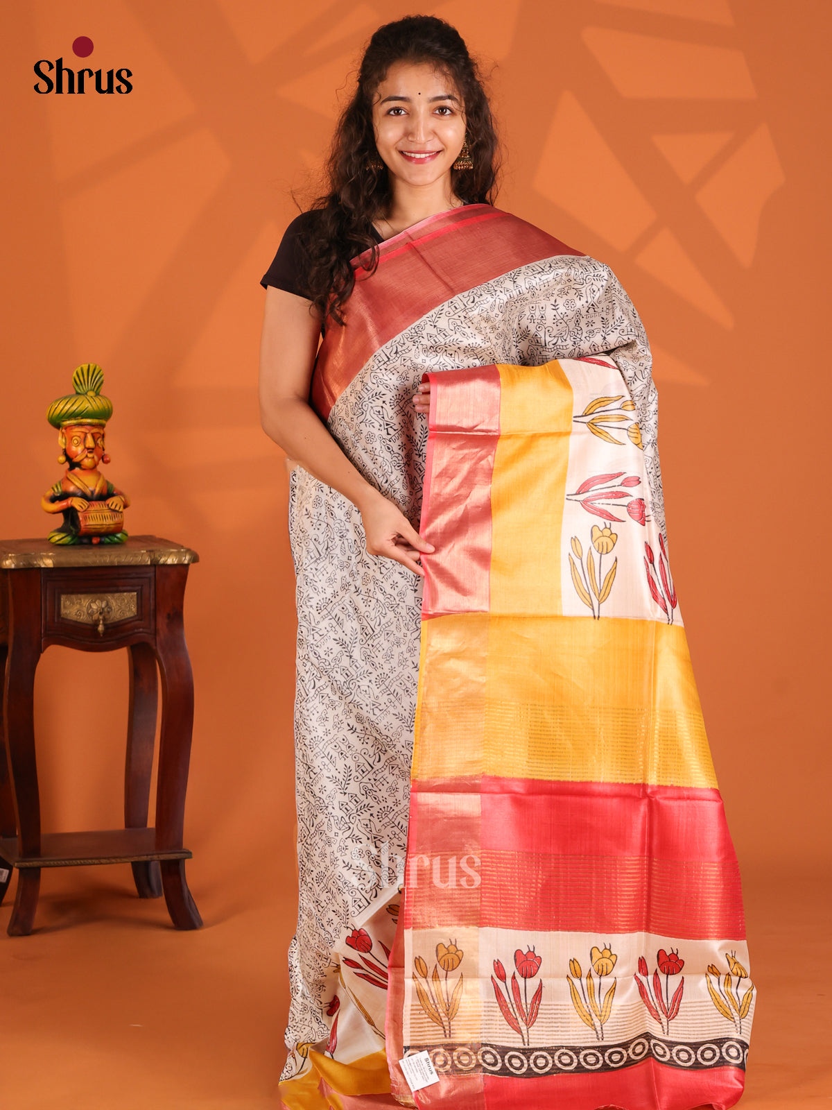 Cream & Mustard - Tussar Saree - Shop on Shrus.com