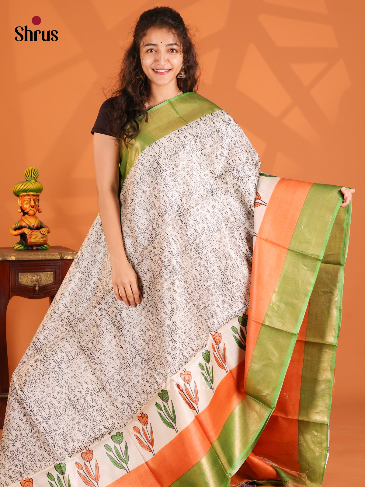 Cream & Orange- Tussar Saree - Shop on Shrus.com