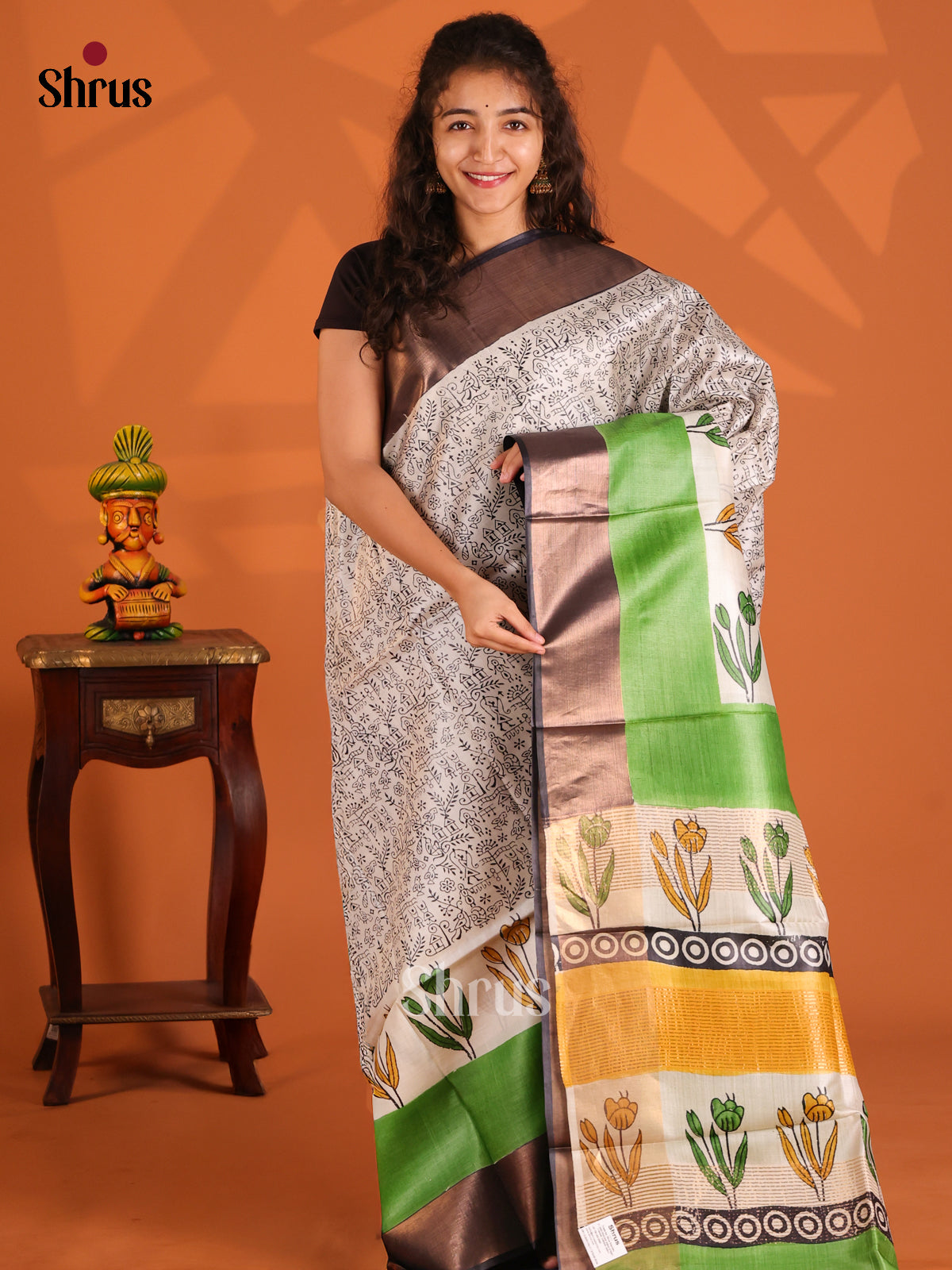 Cream & Light Green- Tussar Saree - Shop on Shrus.com