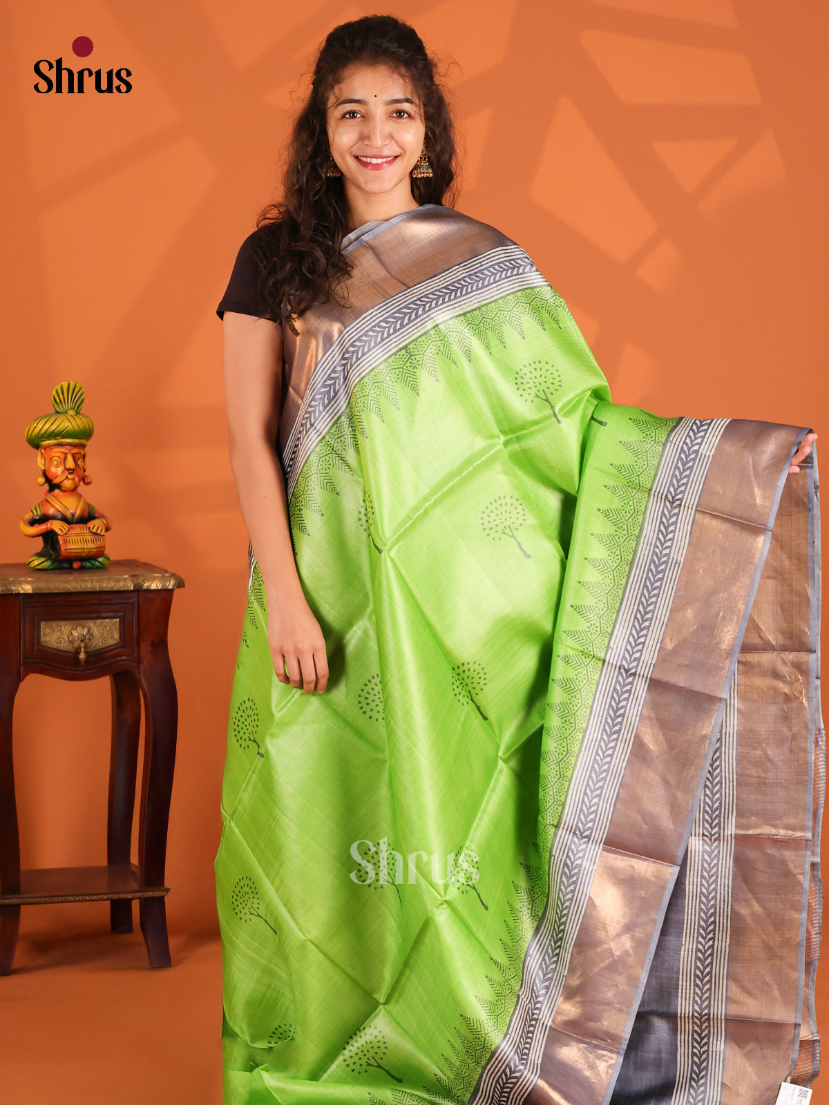 Light Green & Grey- Tussar Saree - Shop on Shrus.com
