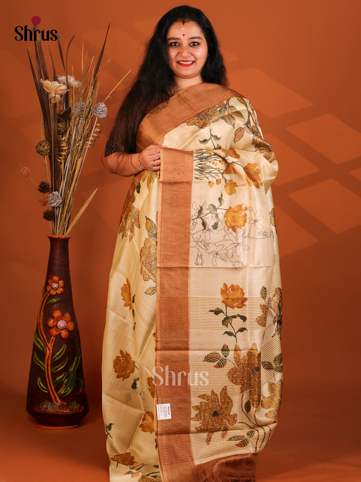 Cream & Brown - Tussar Saree - Shop on Shrus.com