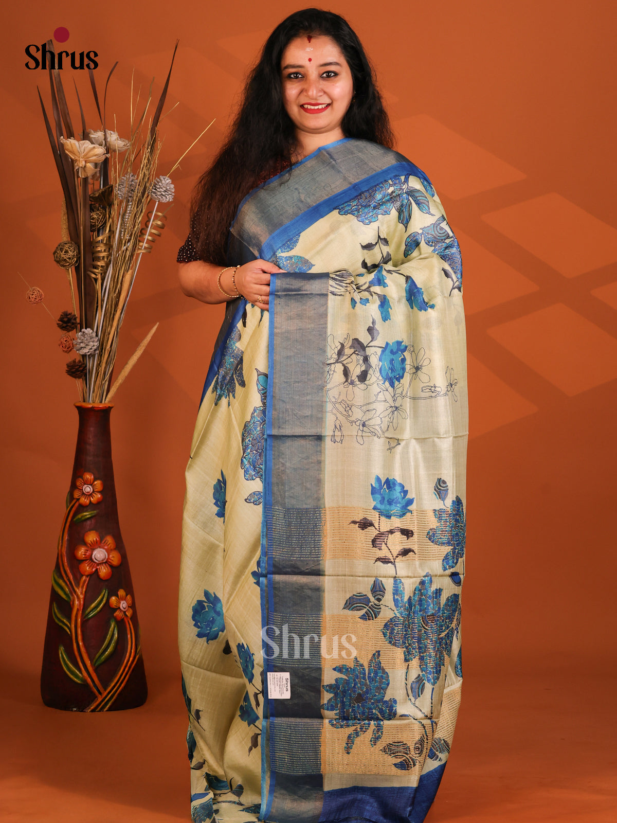 Cream & Blue - Tussar Saree - Shop on Shrus.com