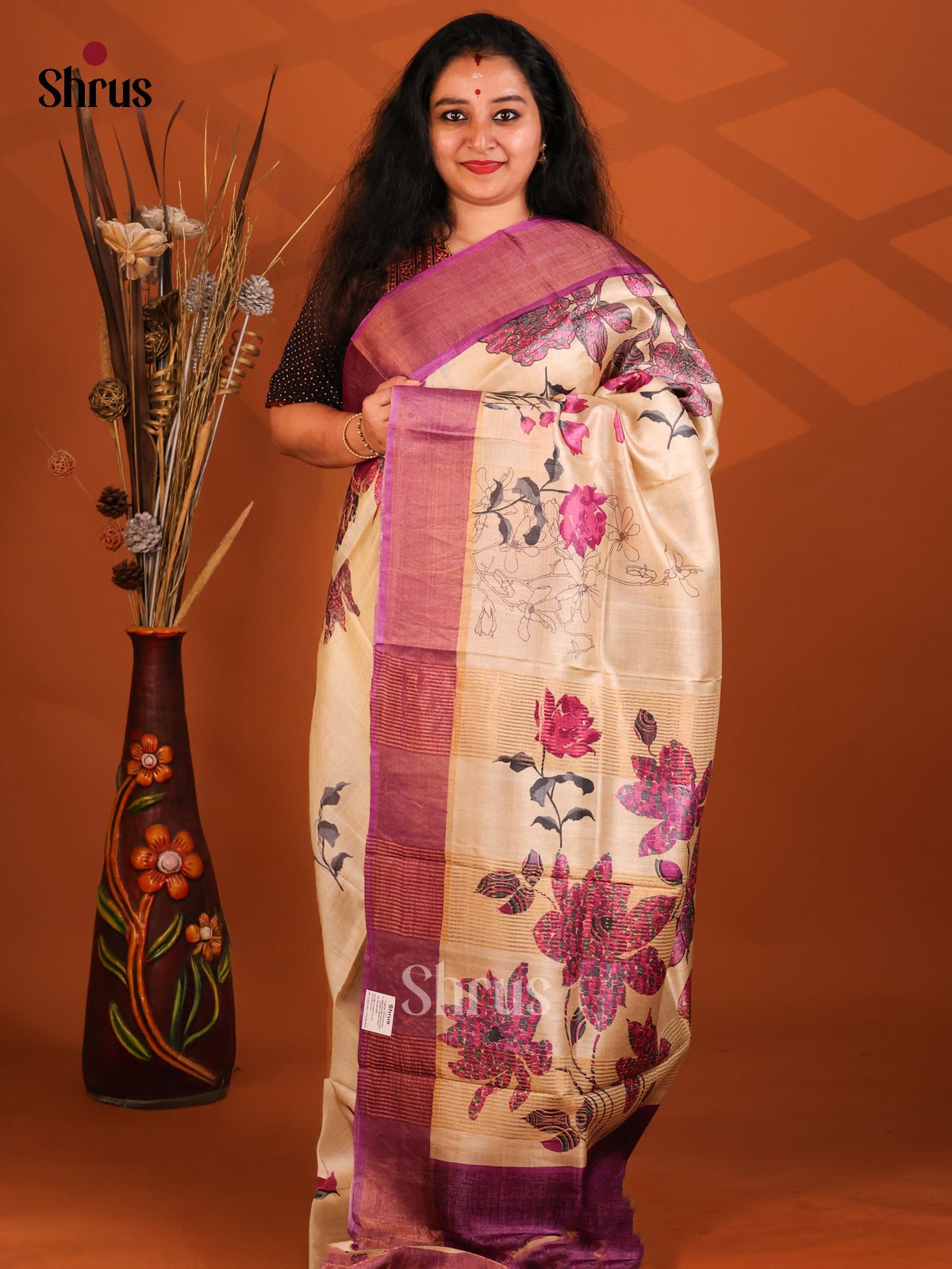 Cream & Pink - Tussar Saree - Shop on Shrus.com