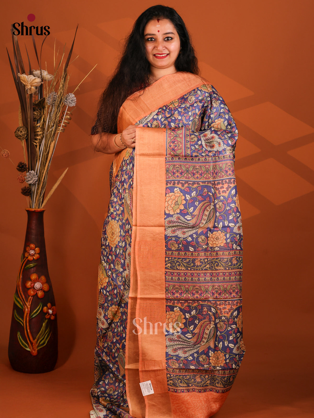 Blue & Peach- Tussar Saree - Shop on Shrus.com
