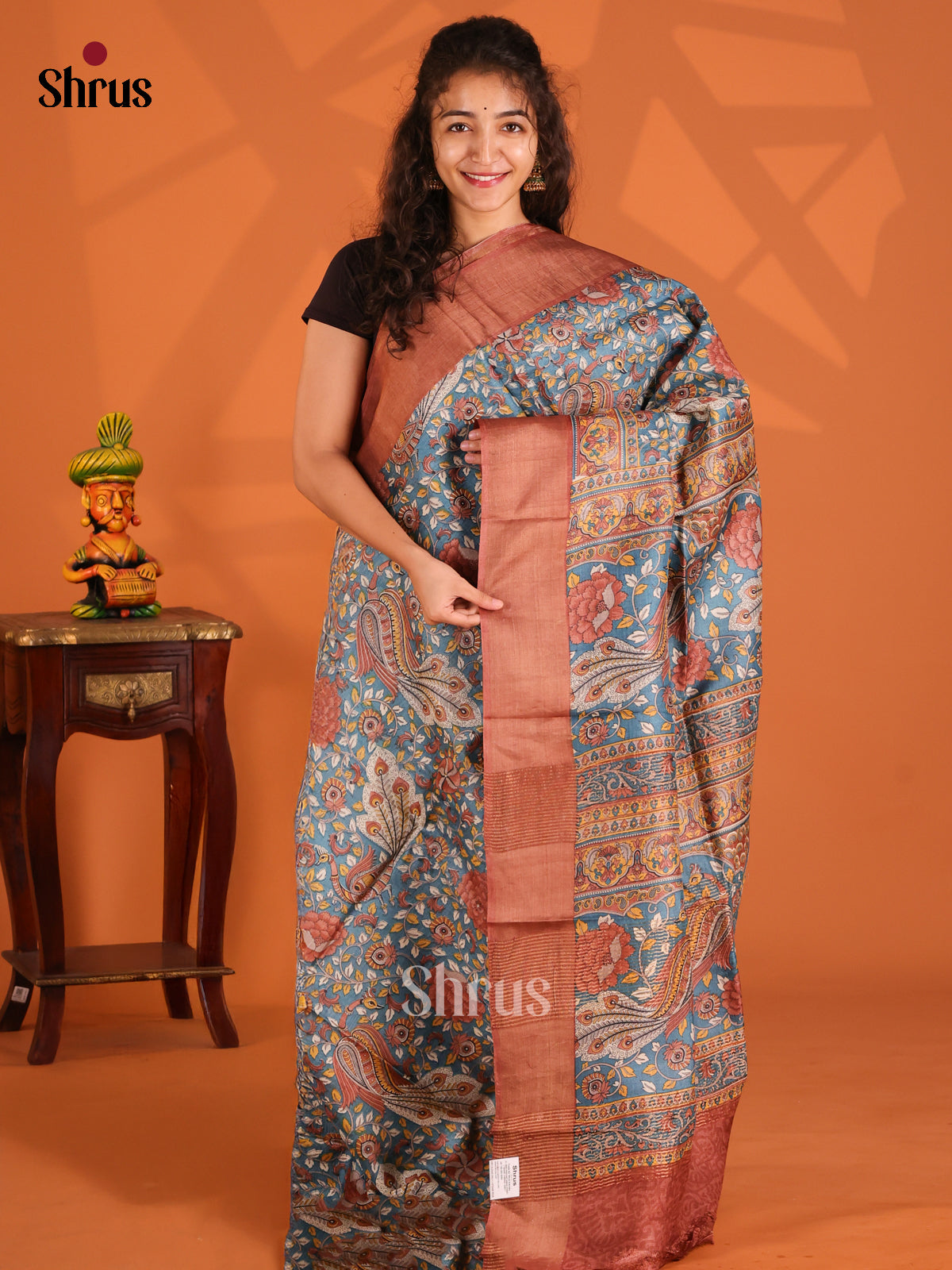 Blue & Brown- Tussar Saree - Shop on Shrus.com