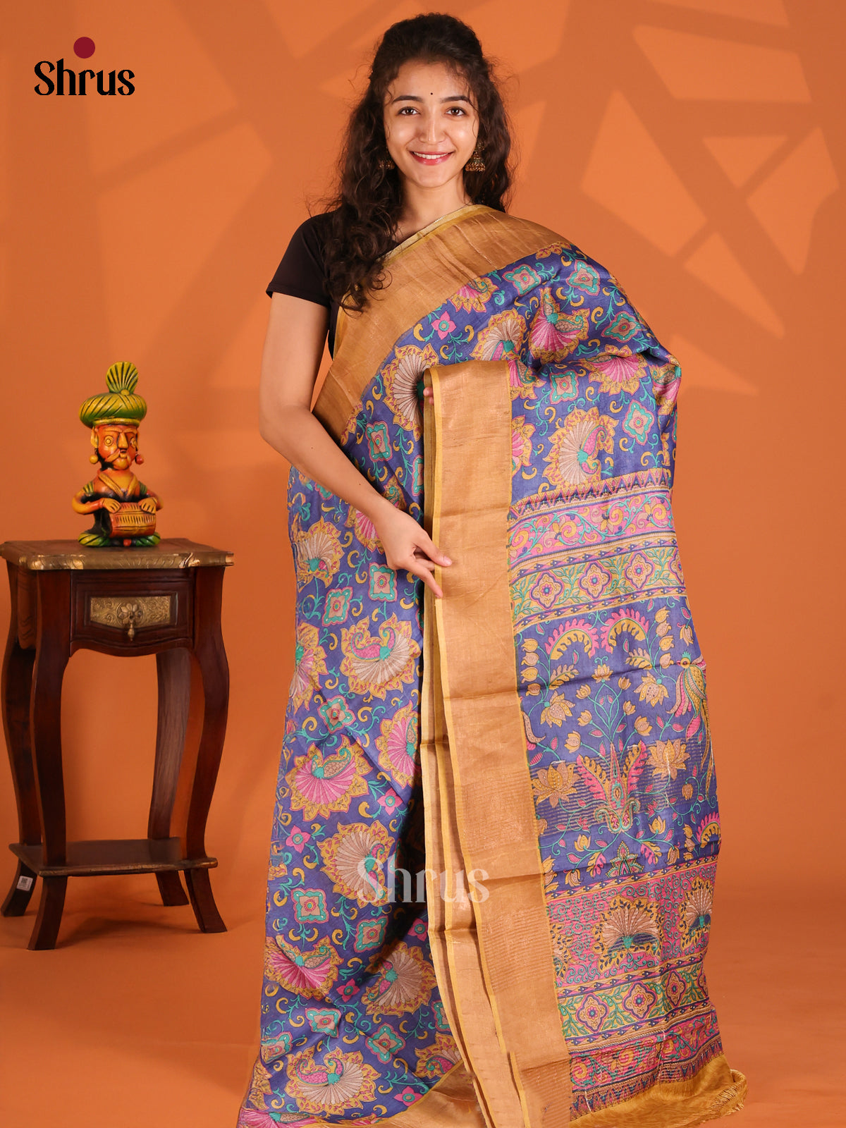 Blue & Mustard - Tussar Saree - Shop on Shrus.com