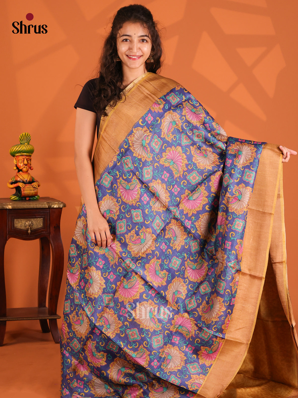Blue & Mustard - Tussar Saree - Shop on Shrus.com