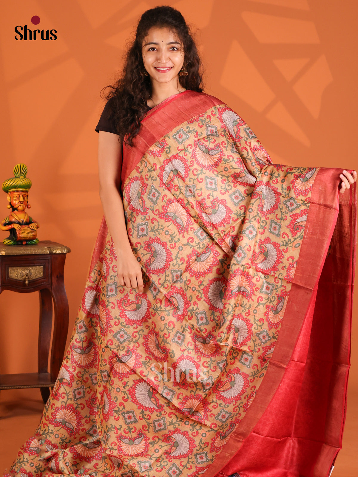 Beige & Red- Tussar Saree - Shop on Shrus.com