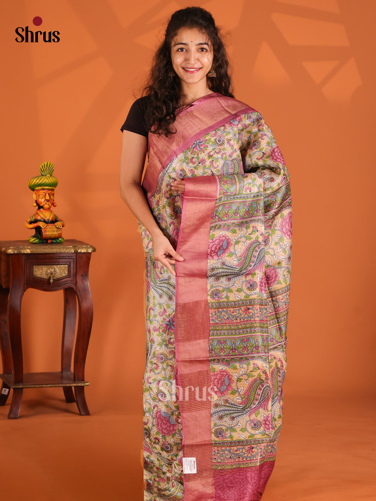 Cream & Pink - Tussar Saree - Shop on Shrus.com