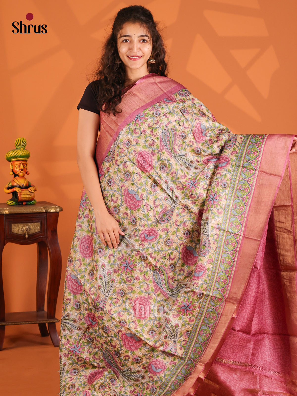 Cream & Pink - Tussar Saree - Shop on Shrus.com