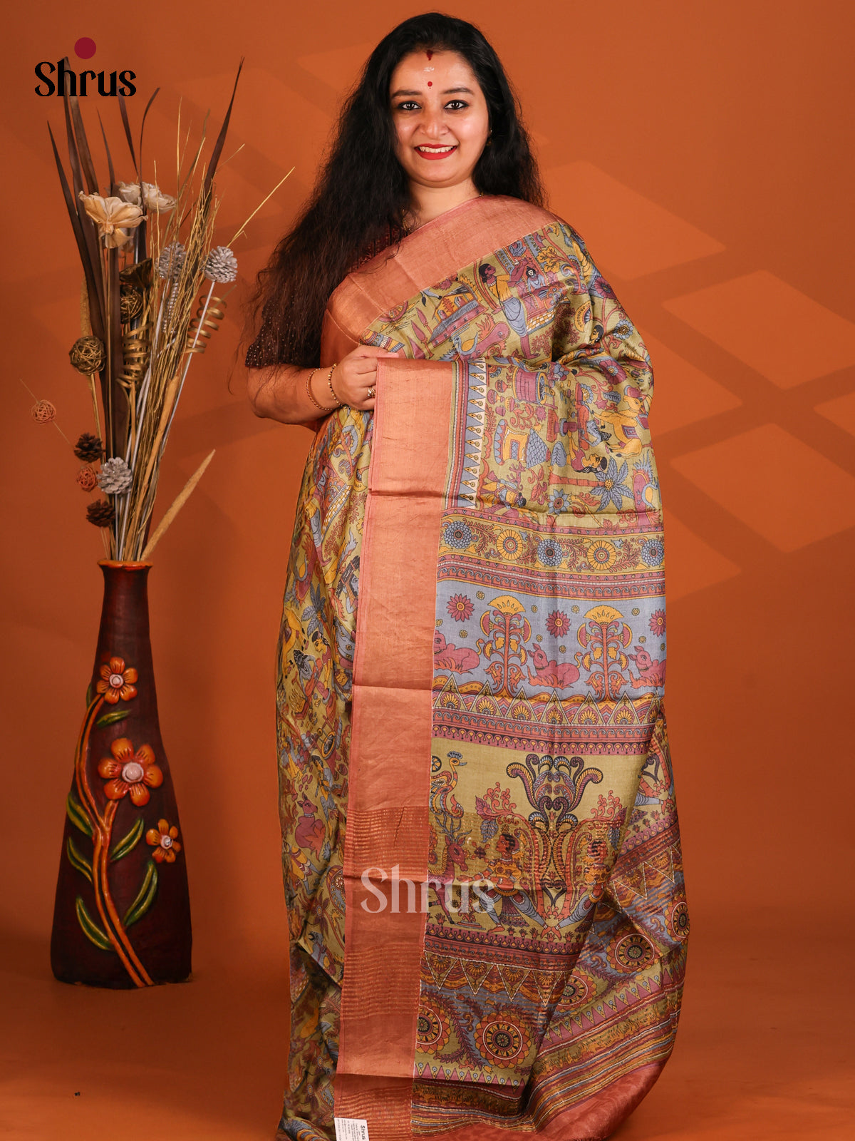 Mint Green & Brown- Tussar Saree - Shop on Shrus.com